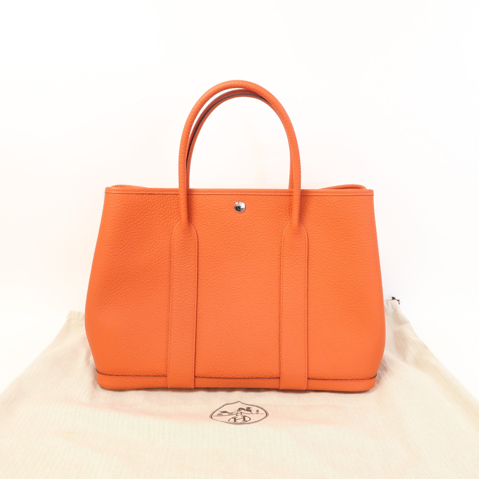 HERMES Clemence皮革GardenParty PM銀扣手挽袋螢光橘色