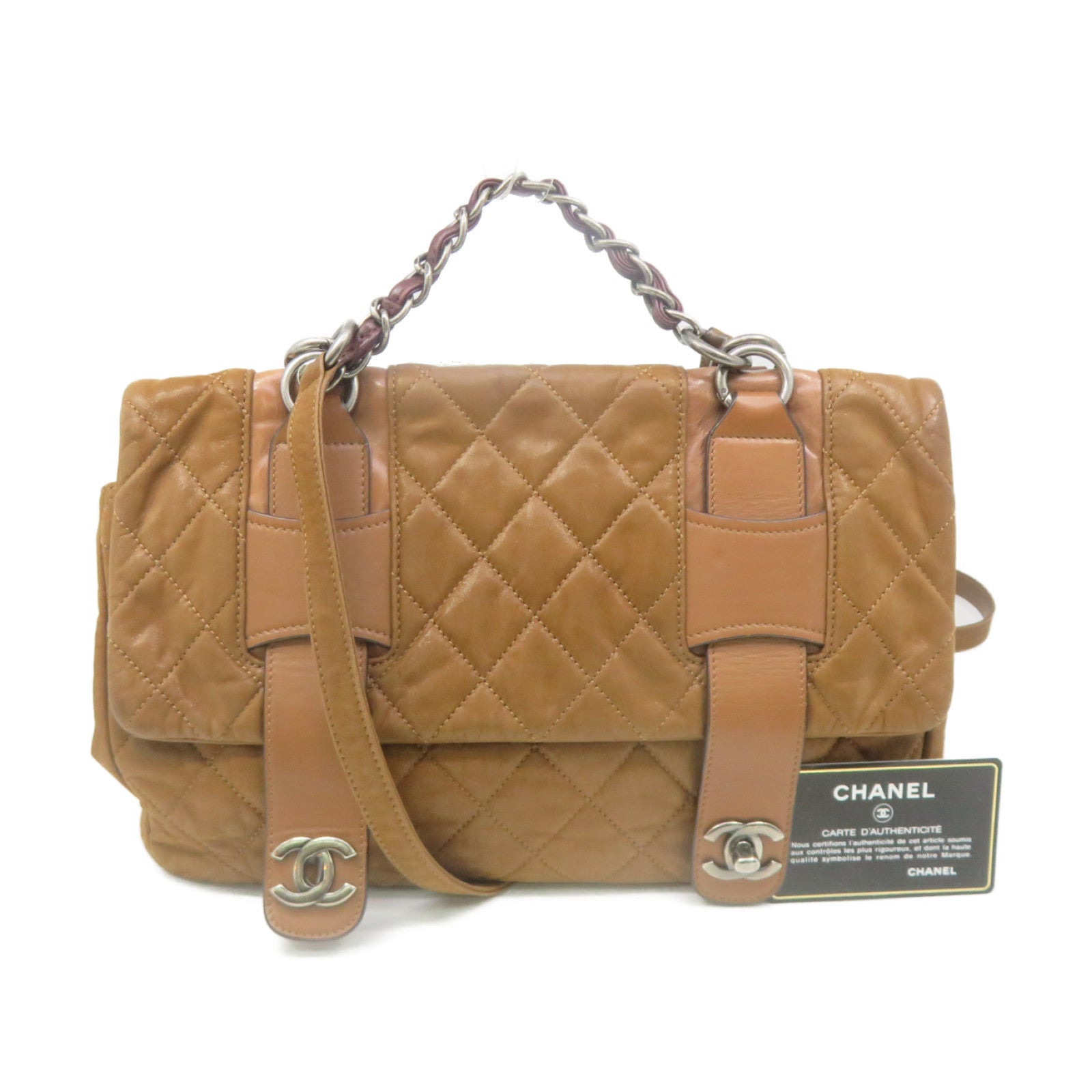 CHANEL rhombic cowhide leather Shoulder Bag silver buckle chain belt handle shoulder bag brown