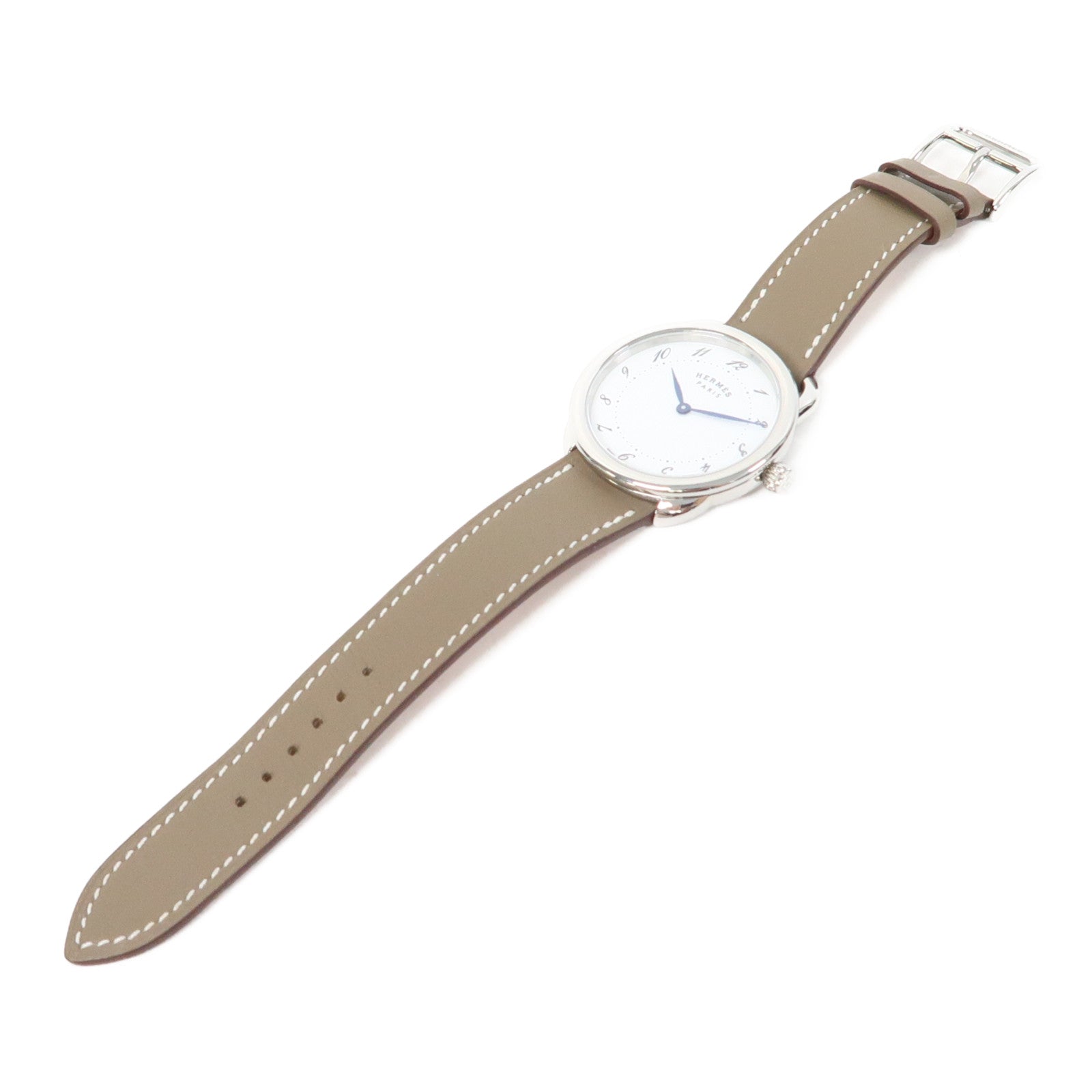 HERMES Arceau Watch不鏽鋼/皮革帶手錶石英機芯白色/Etoupe/灰色
