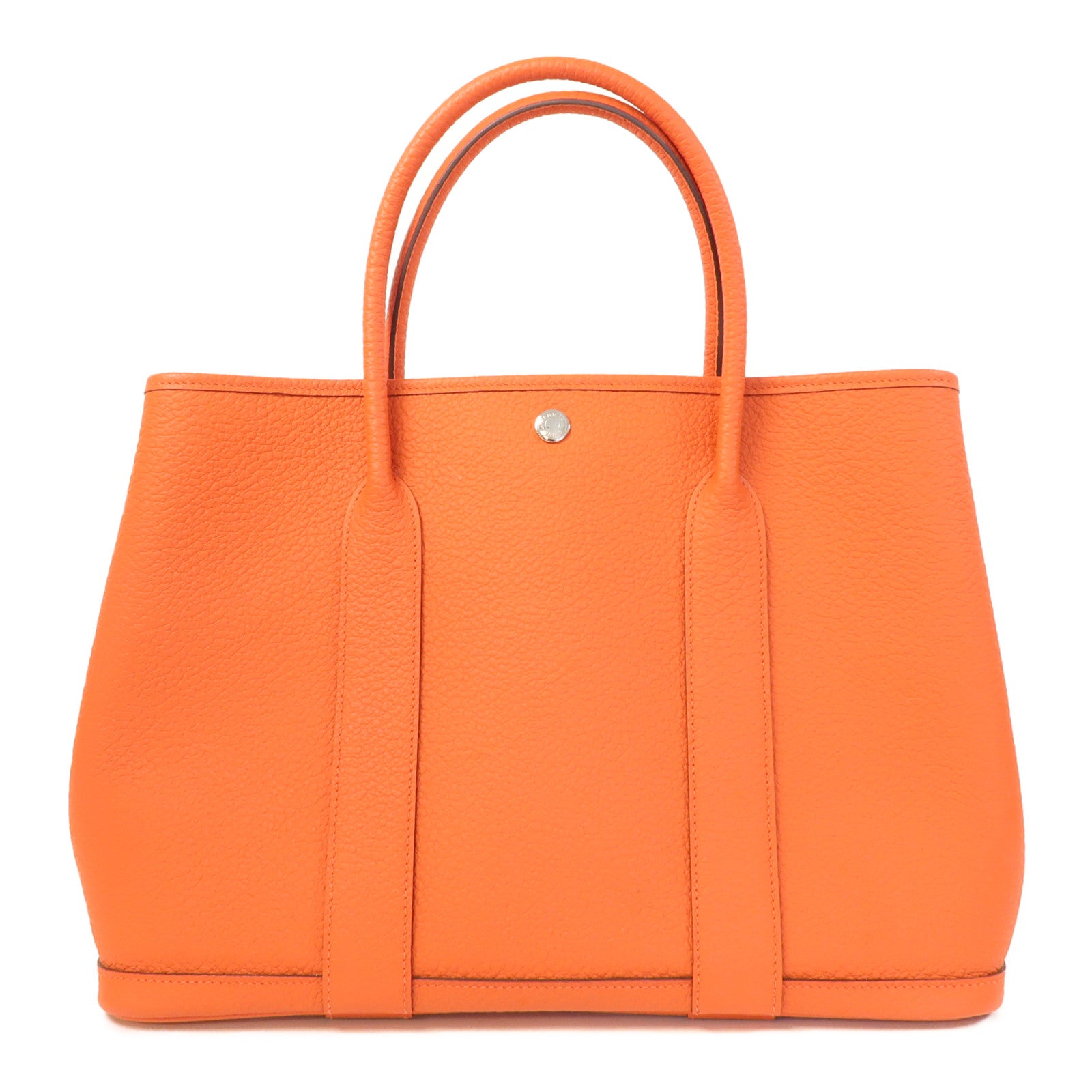 HERMES Clemence皮革GardenParty PM銀扣手挽袋螢光橘色