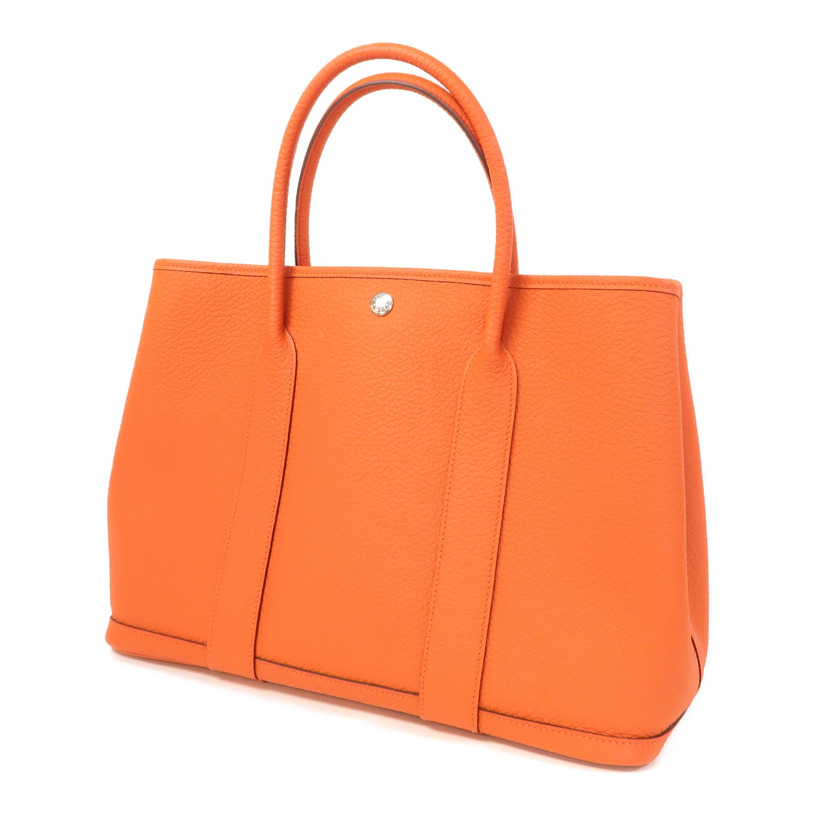 HERMES Clemence皮革GardenParty PM銀扣手挽袋螢光橘色