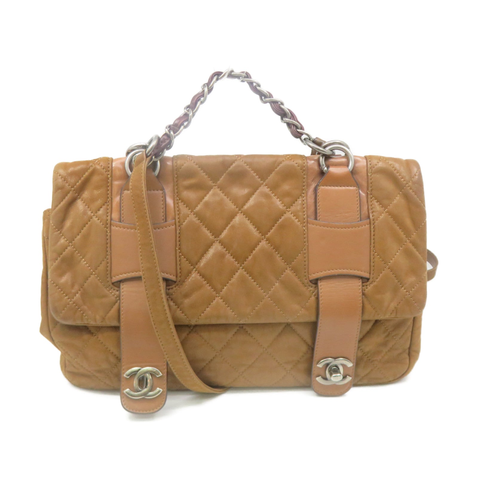 CHANEL rhombic cowhide leather Shoulder Bag silver buckle chain belt handle shoulder bag brown