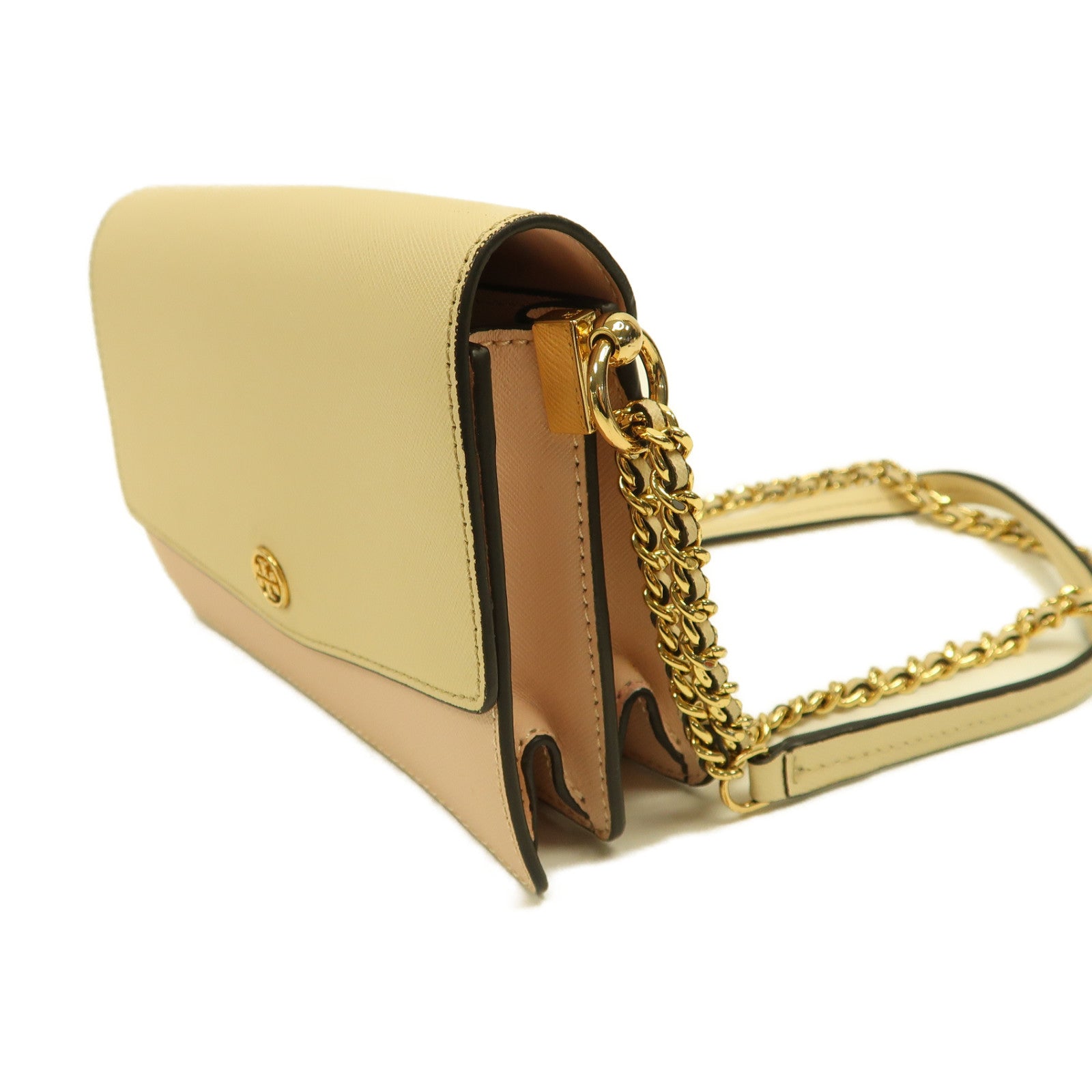 Tory Burch 【激減優惠】牛皮皮革Chain Shoulder金扣鏈帶肩背袋米色/粉紅色