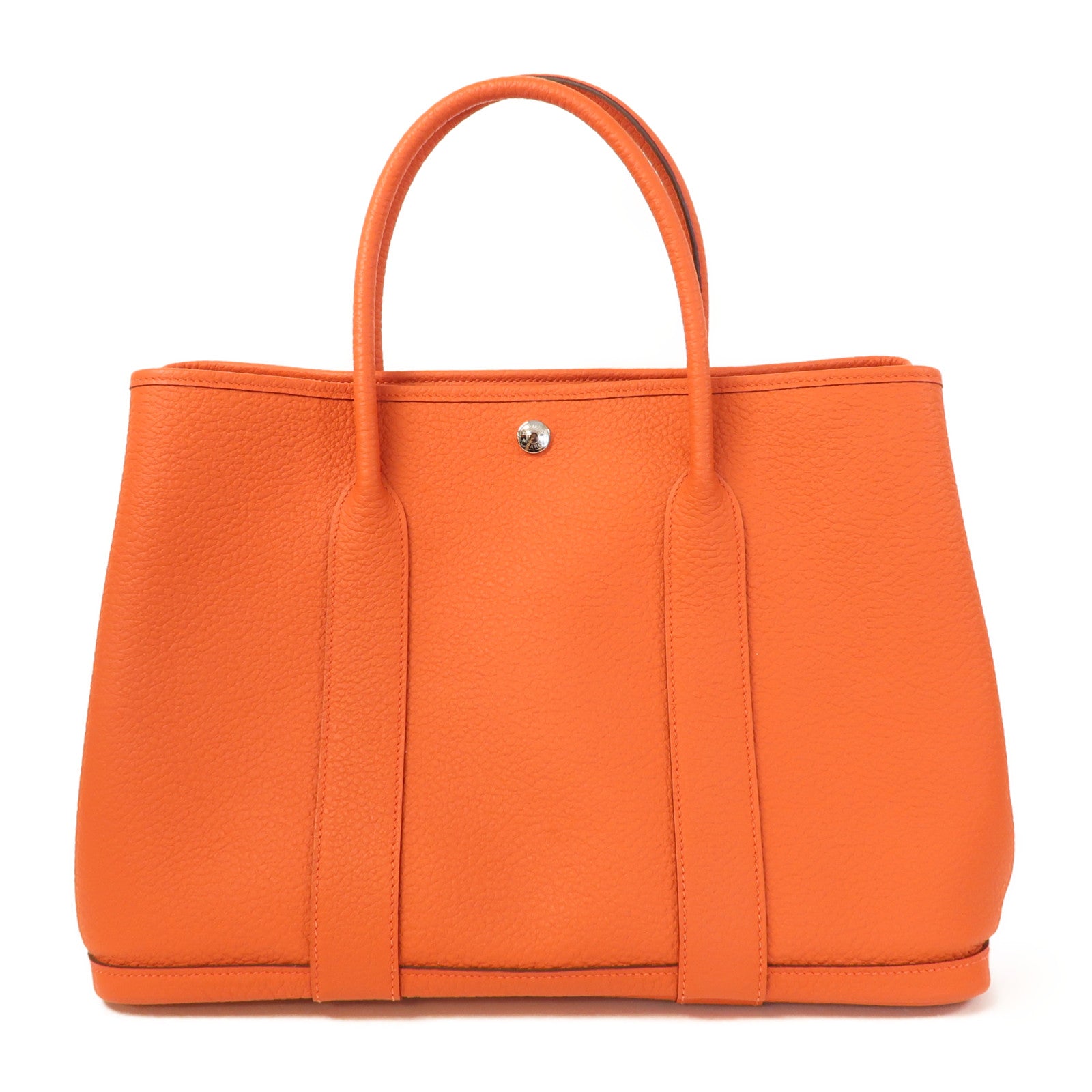 HERMES Clemence皮革GardenParty PM銀扣手挽袋螢光橘色