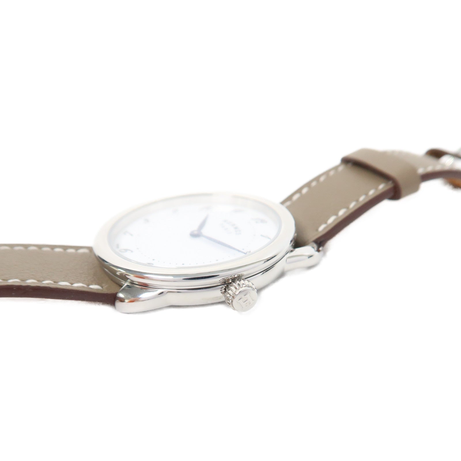 HERMES Arceau Watch不鏽鋼/皮革帶手錶石英機芯白色/Etoupe/灰色