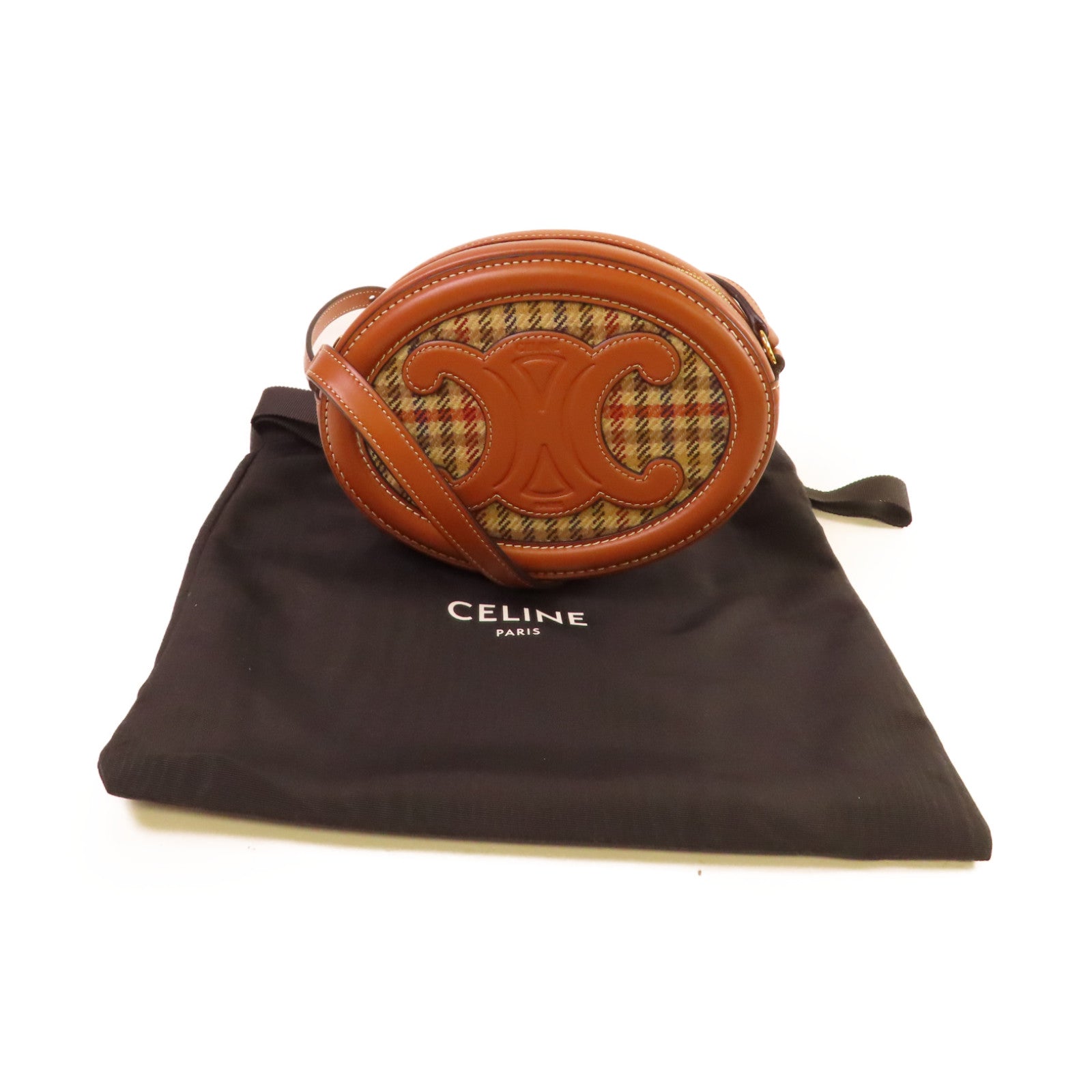 CELINE 粗花呢/牛皮皮革Oval Purse Cuir Triomphe Crossbody Shoulder Bag金扣肩背袋啡色