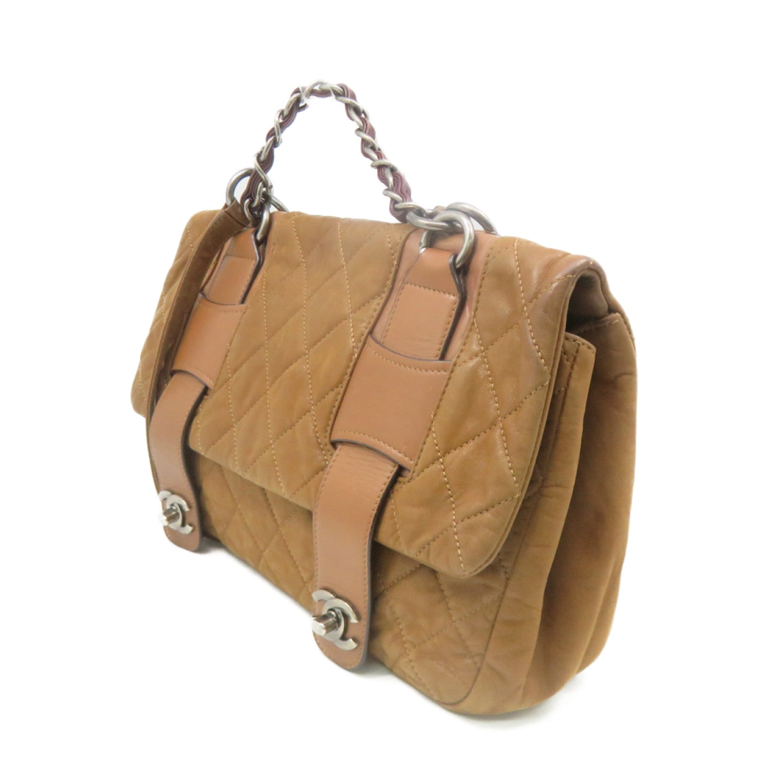 CHANEL rhombic cowhide leather Shoulder Bag silver buckle chain belt handle shoulder bag brown