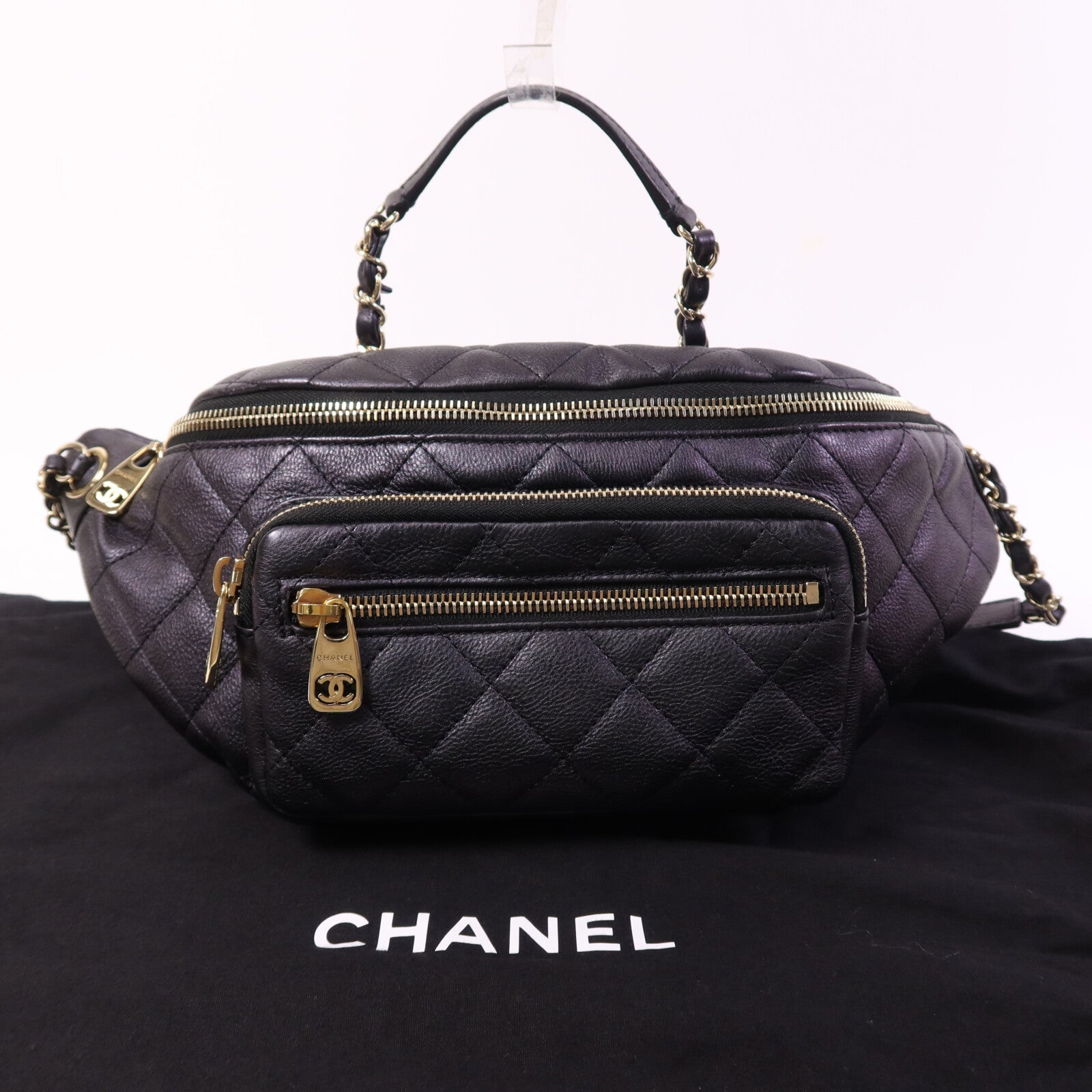 CHANEL 牛皮皮革Belt Bag金扣鏈帶腰包