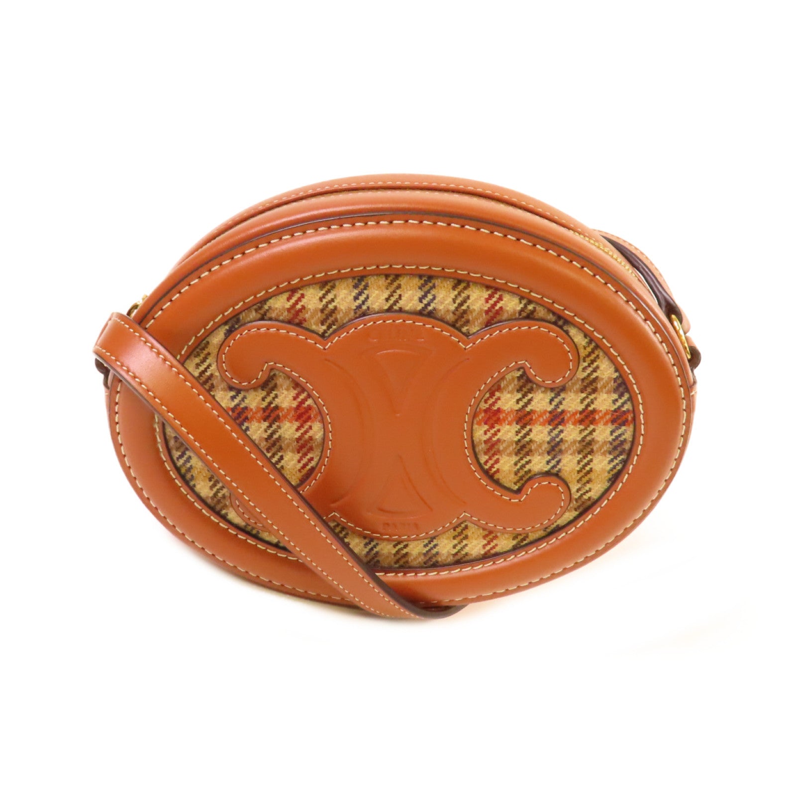CELINE 粗花呢/牛皮皮革Oval Purse Cuir Triomphe Crossbody Shoulder Bag金扣肩背袋啡色
