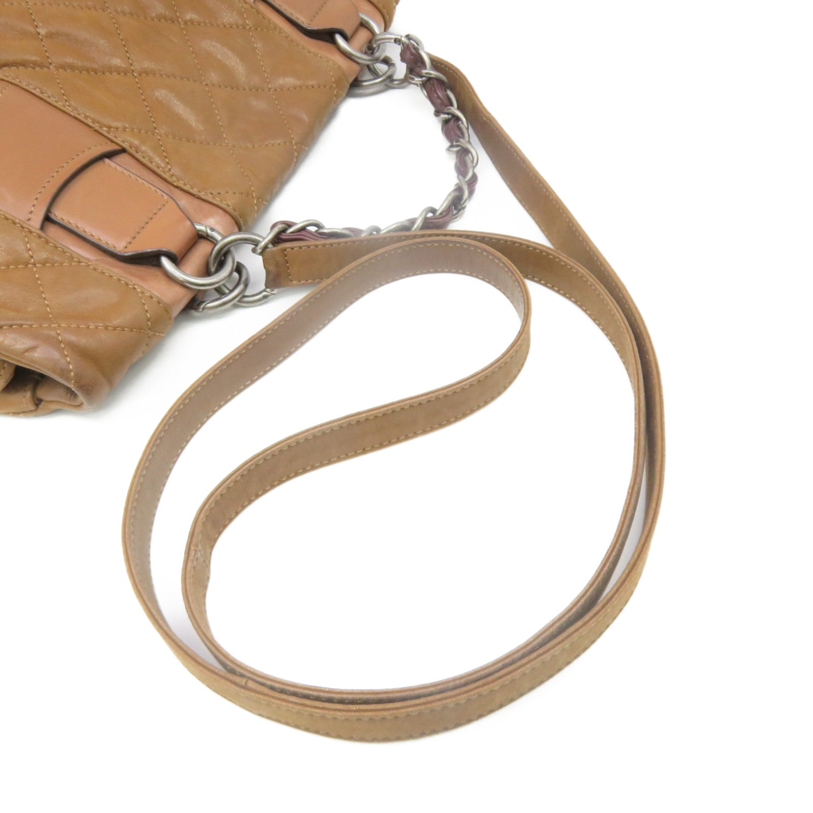 CHANEL rhombic cowhide leather Shoulder Bag silver buckle chain belt handle shoulder bag brown