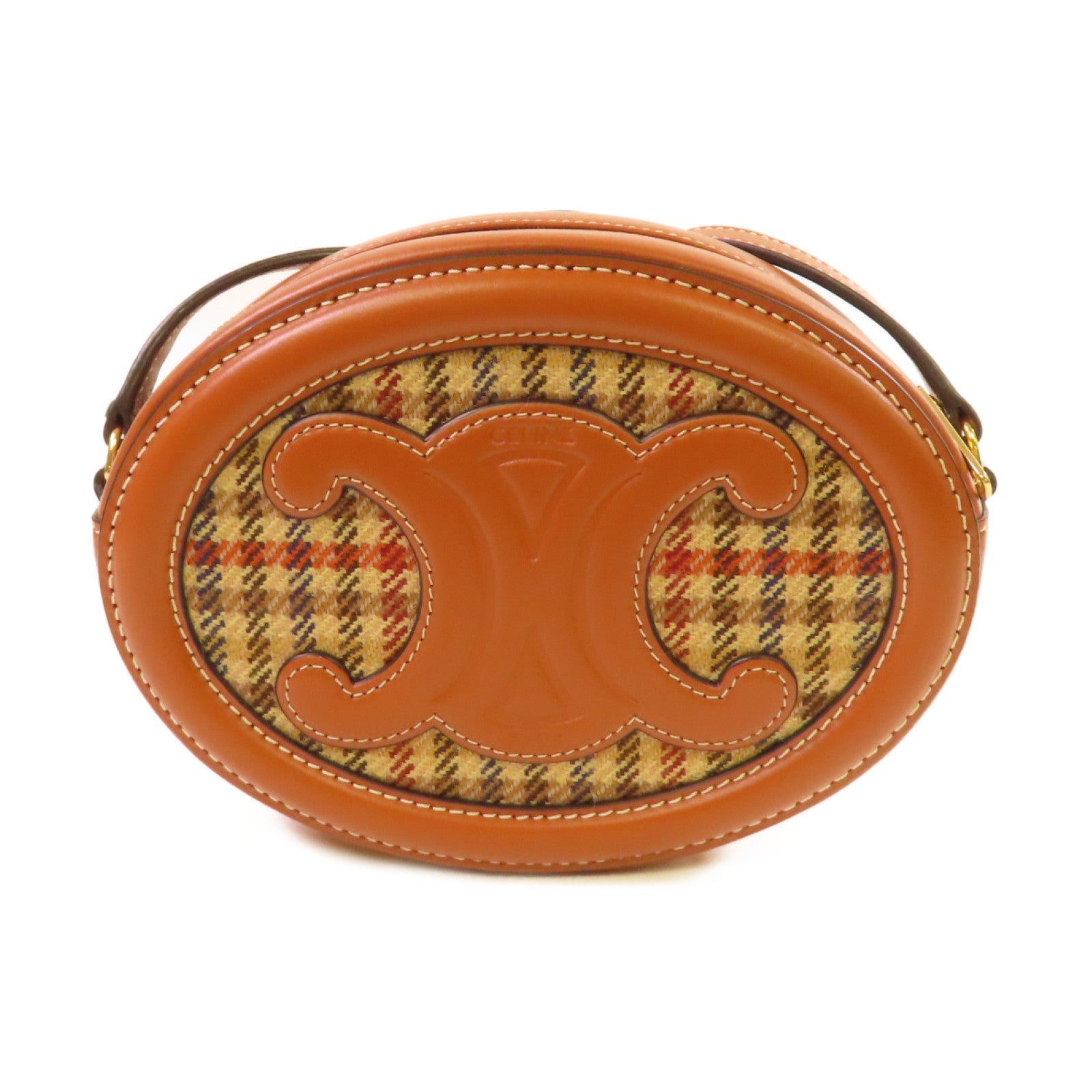 CELINE 粗花呢/牛皮皮革Oval Purse Cuir Triomphe Crossbody Shoulder Bag金扣肩背袋啡色