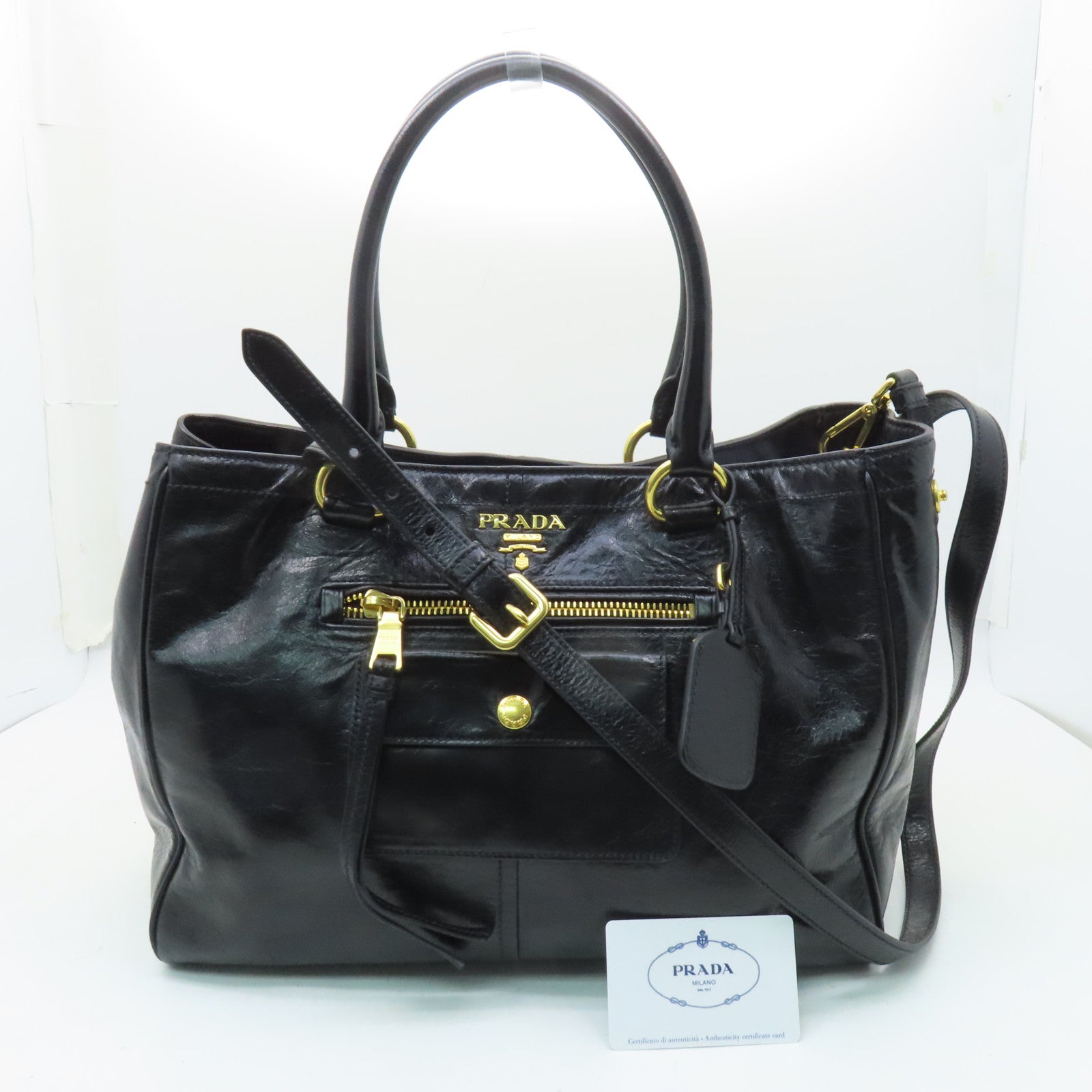 PRADA 【激減優惠】牛皮皮革2way Shoulder Bag金扣手挽肩背兩用袋黒色