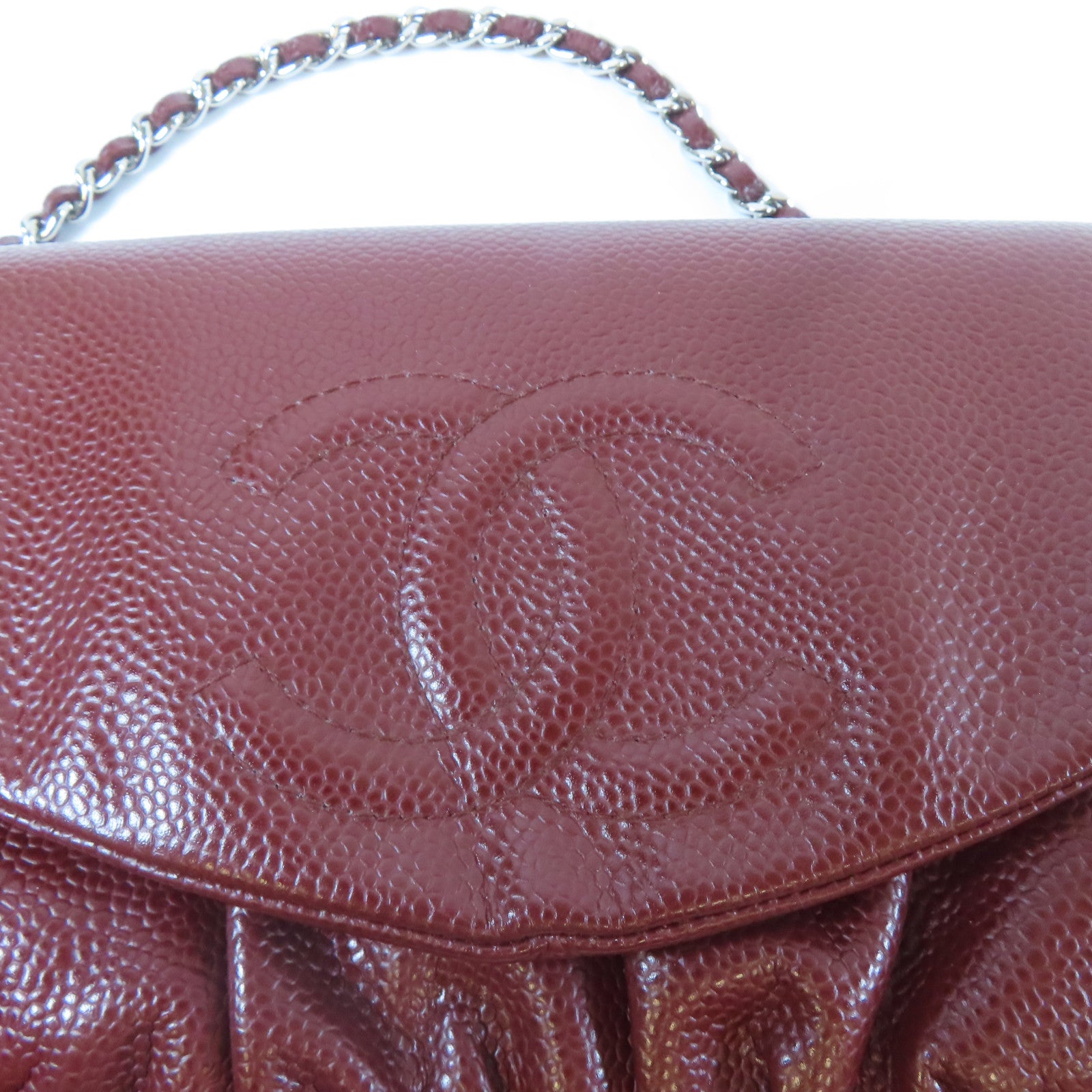 CHANEL 【激減優惠】Caviar皮革Chain Shoulder銀扣鏈帶肩背袋酒紅色