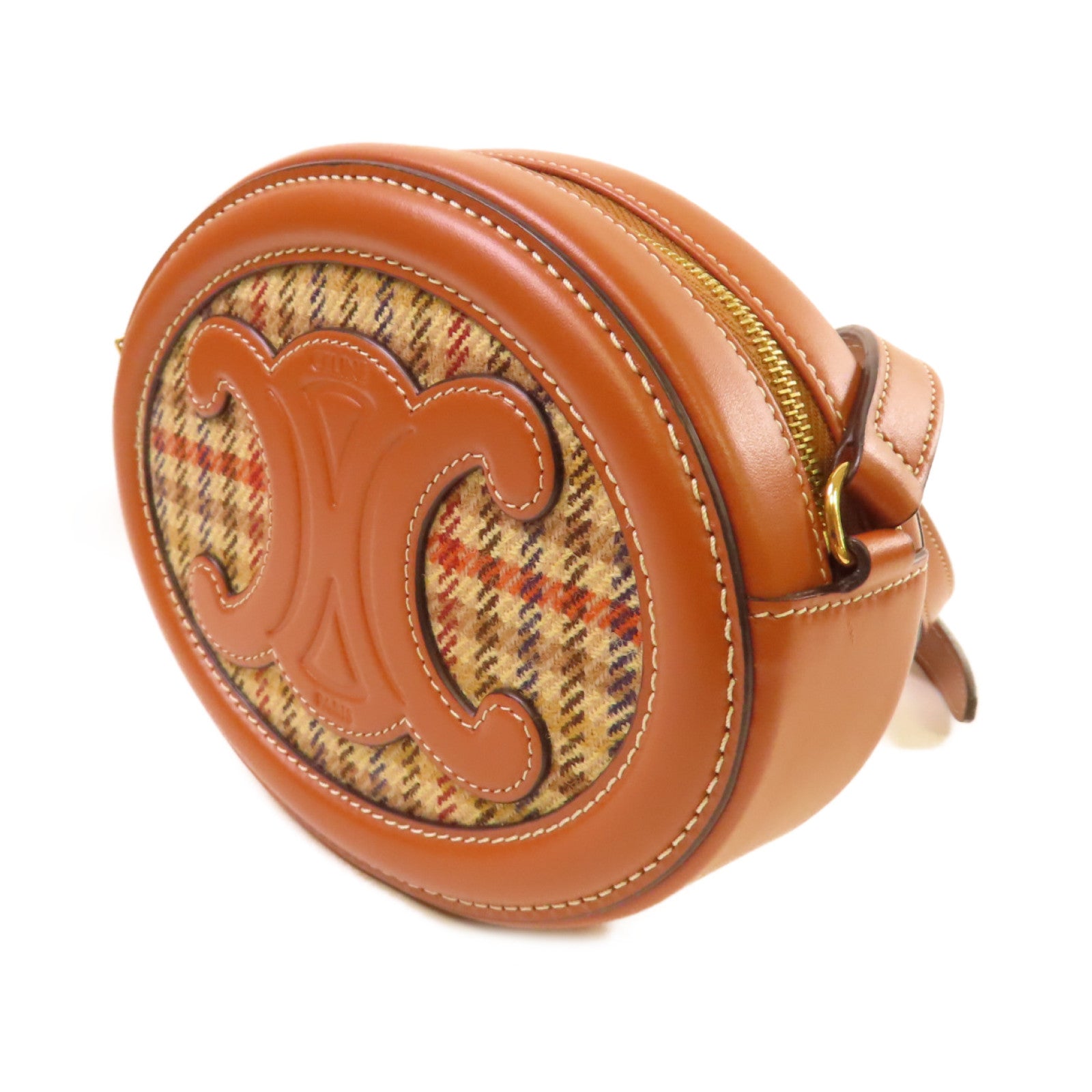 CELINE 粗花呢/牛皮皮革Oval Purse Cuir Triomphe Crossbody Shoulder Bag金扣肩背袋啡色