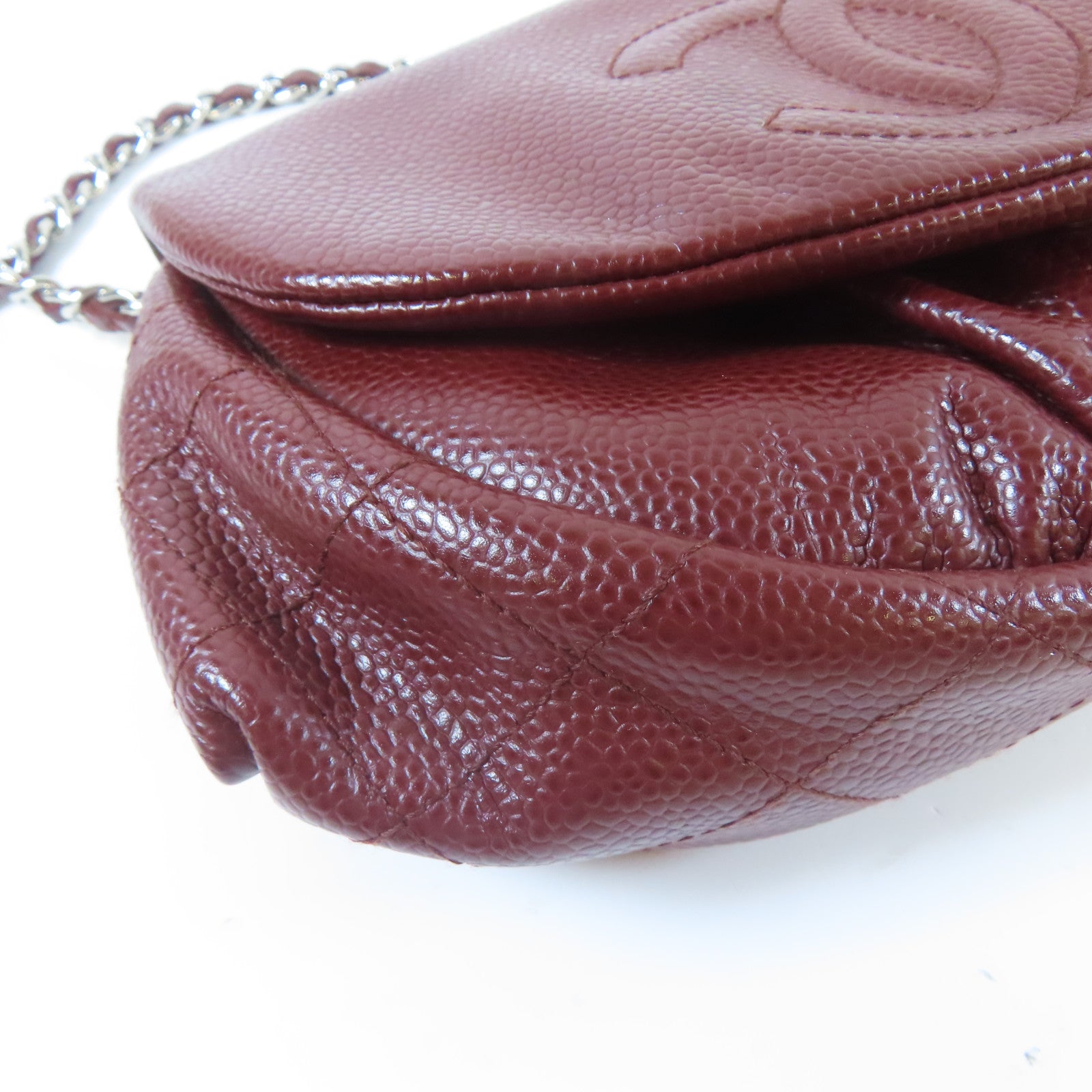CHANEL 【激減優惠】Caviar皮革Chain Shoulder銀扣鏈帶肩背袋酒紅色