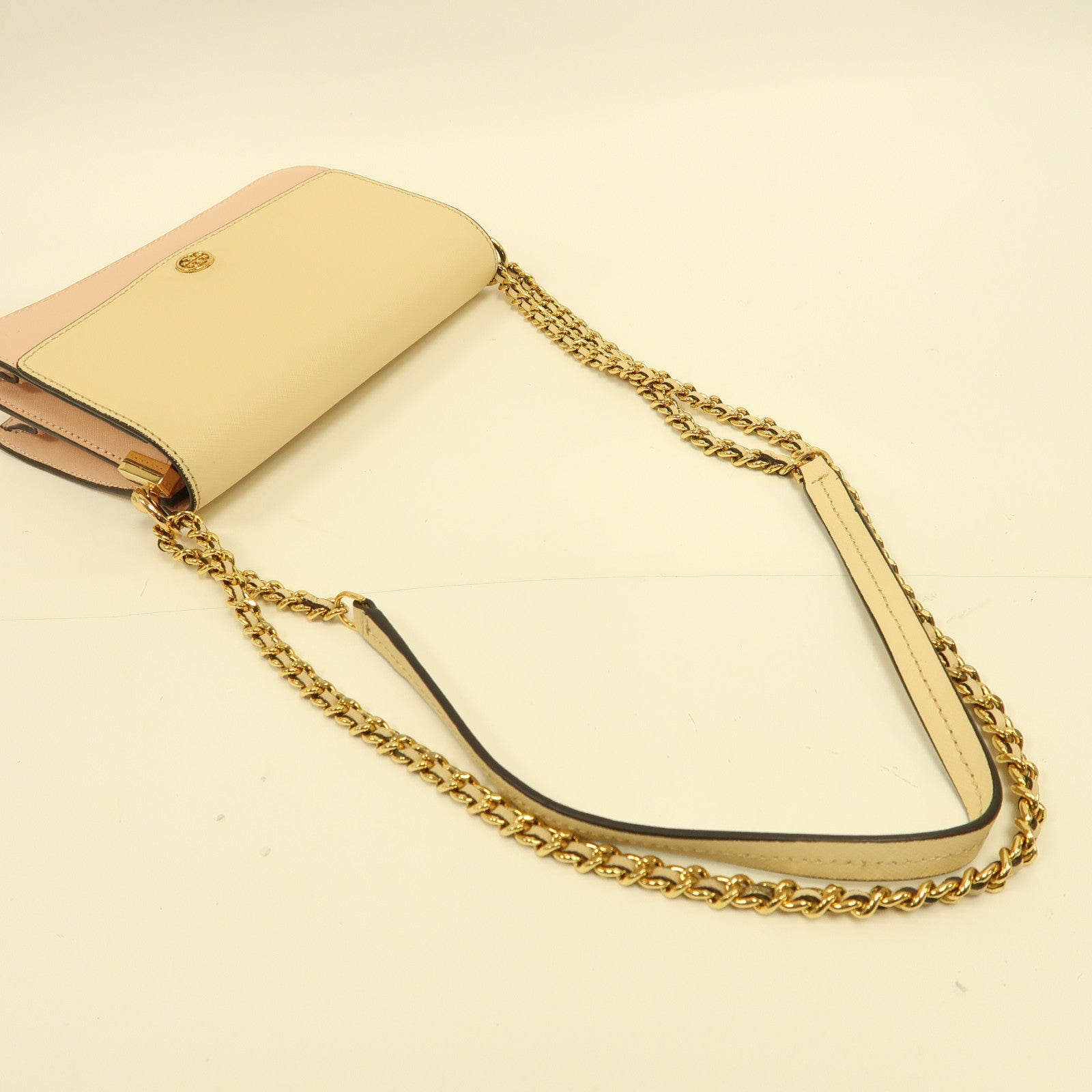 Tory Burch 【激減優惠】牛皮皮革Chain Shoulder金扣鏈帶肩背袋米色/粉紅色
