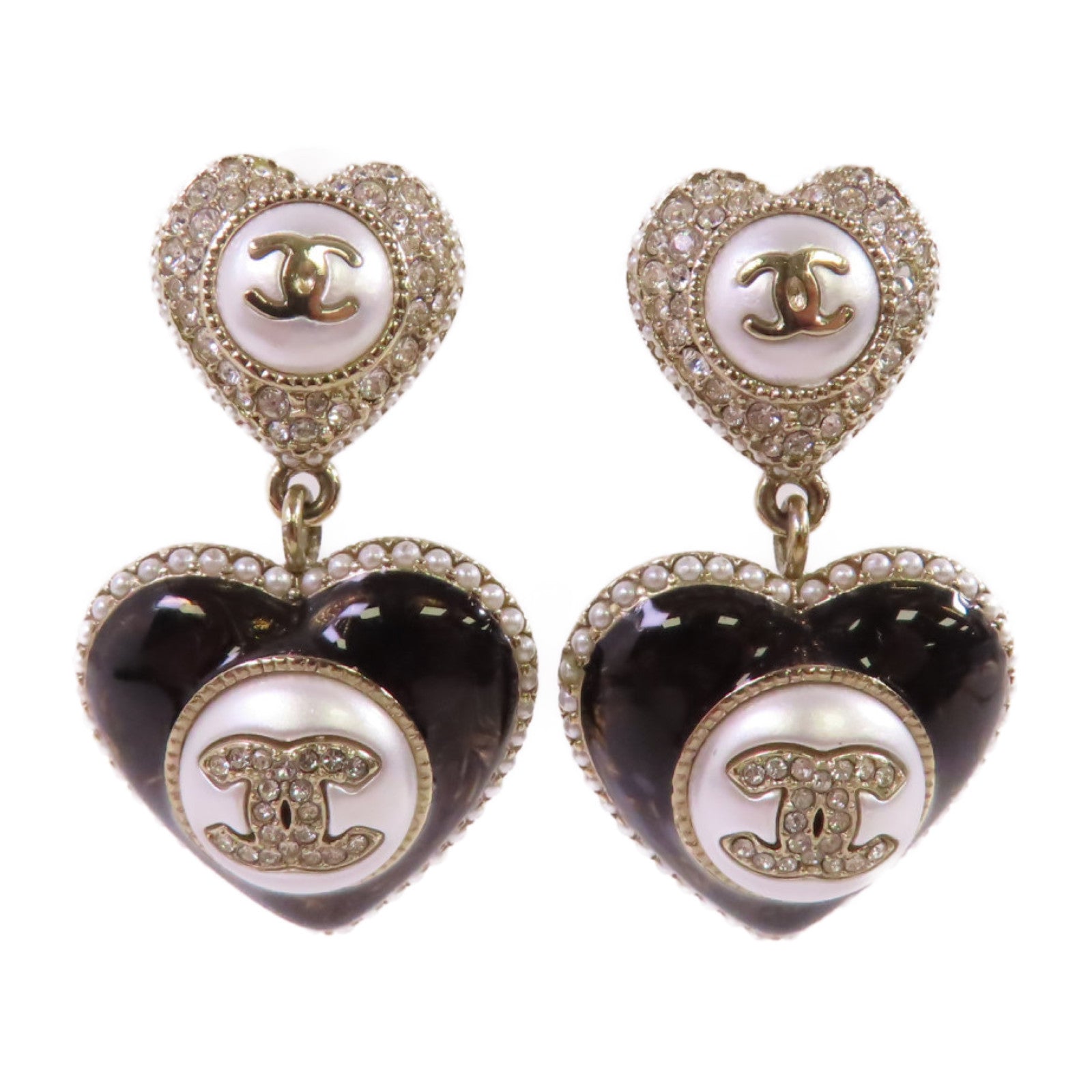 CHANEL 金屬/仿珍珠/水鑽CC Heart Earrings金扣耳環/白色/黑色/金色