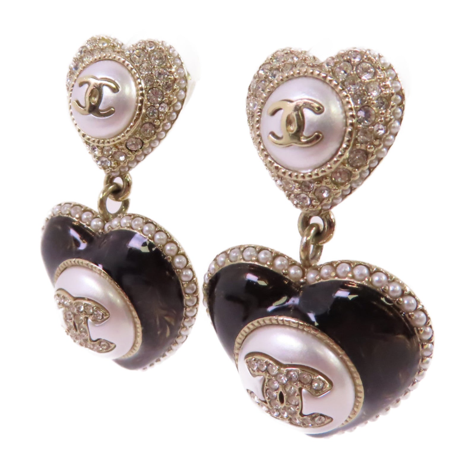 CHANEL 金屬/仿珍珠/水鑽CC Heart Earrings金扣耳環/白色/黑色/金色