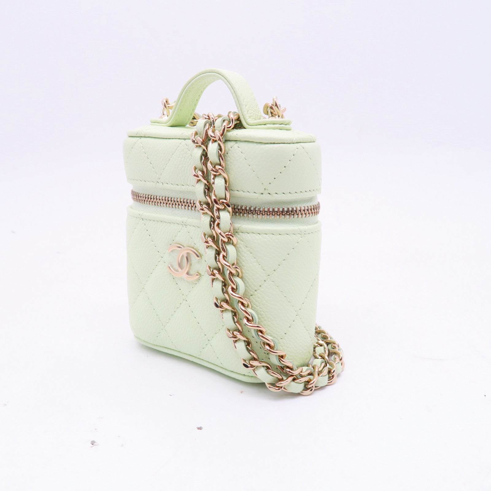 CHANEL 菱格Caviar皮革Chain Shoulder金扣肩背袋浅绿色