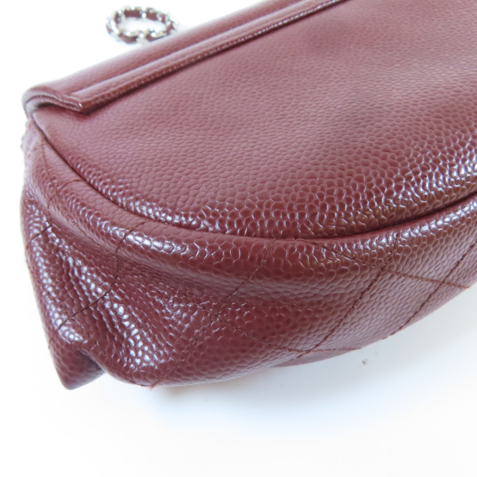 CHANEL 【激減優惠】Caviar皮革Chain Shoulder銀扣鏈帶肩背袋酒紅色