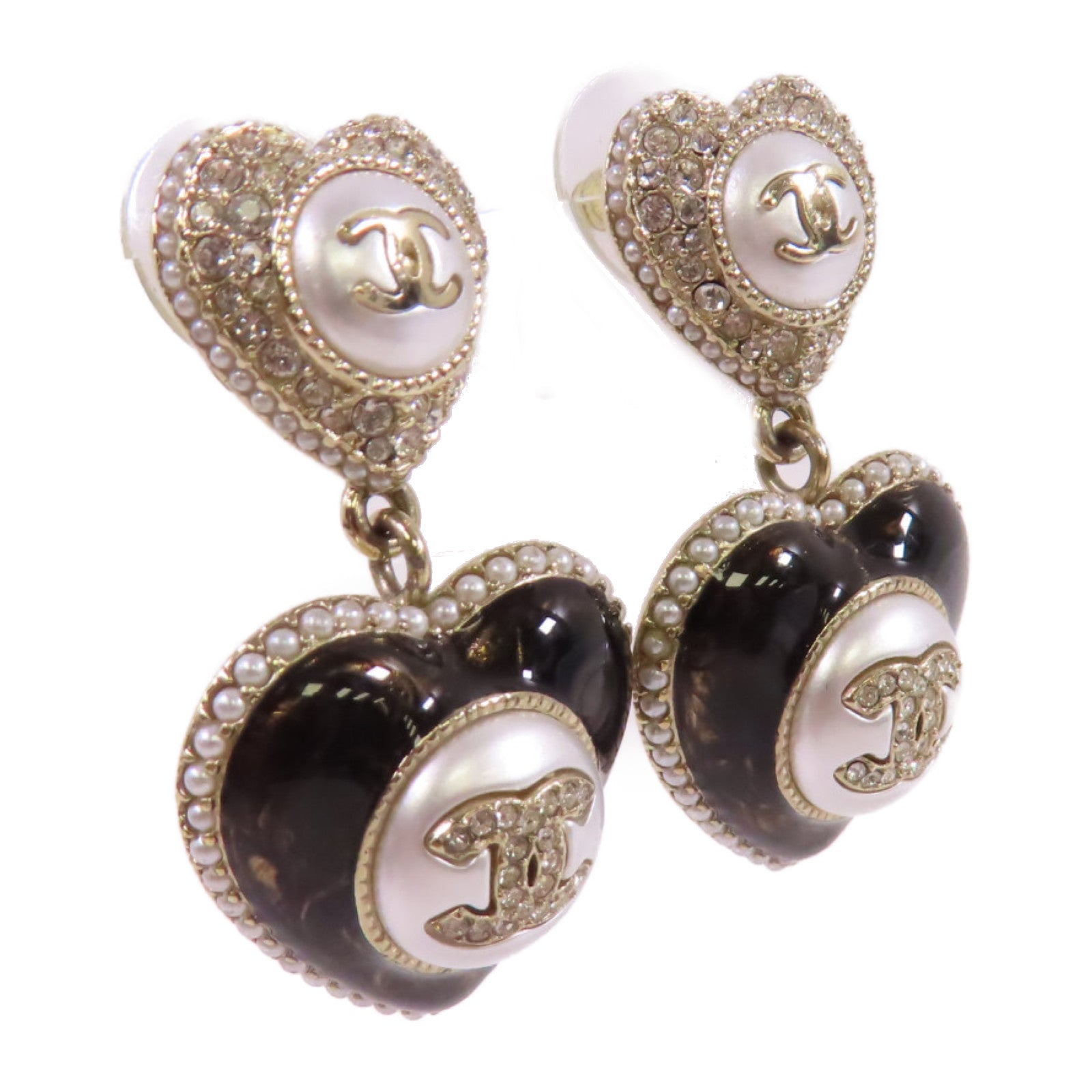 CHANEL 金屬/仿珍珠/水鑽CC Heart Earrings金扣耳環/白色/黑色/金色