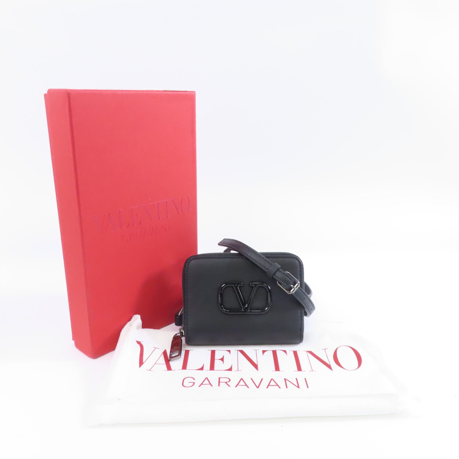 Valentino 【激減優惠】牛皮皮革Neck Wallet銀扣零錢包黑色