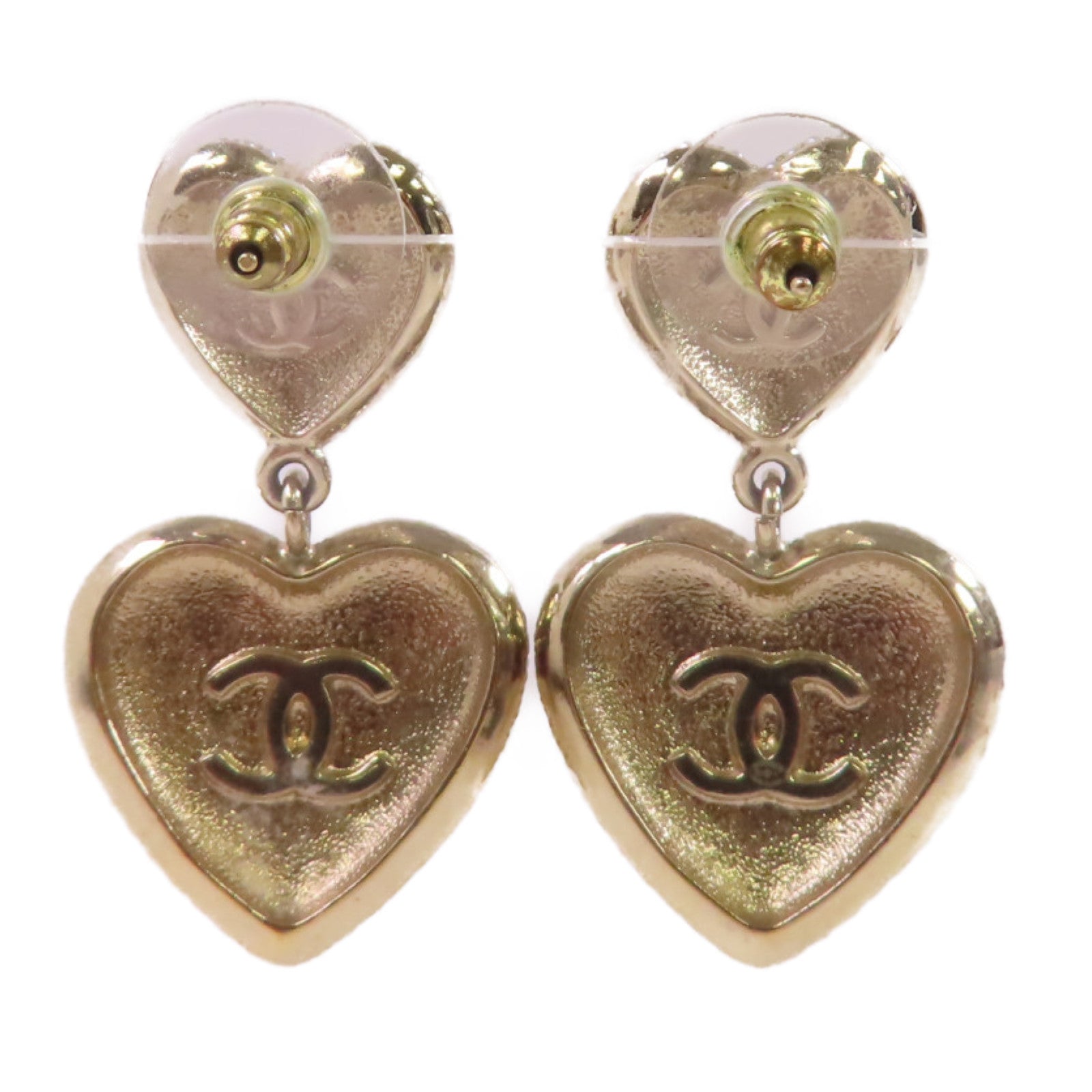 CHANEL 金屬/仿珍珠/水鑽CC Heart Earrings金扣耳環/白色/黑色/金色