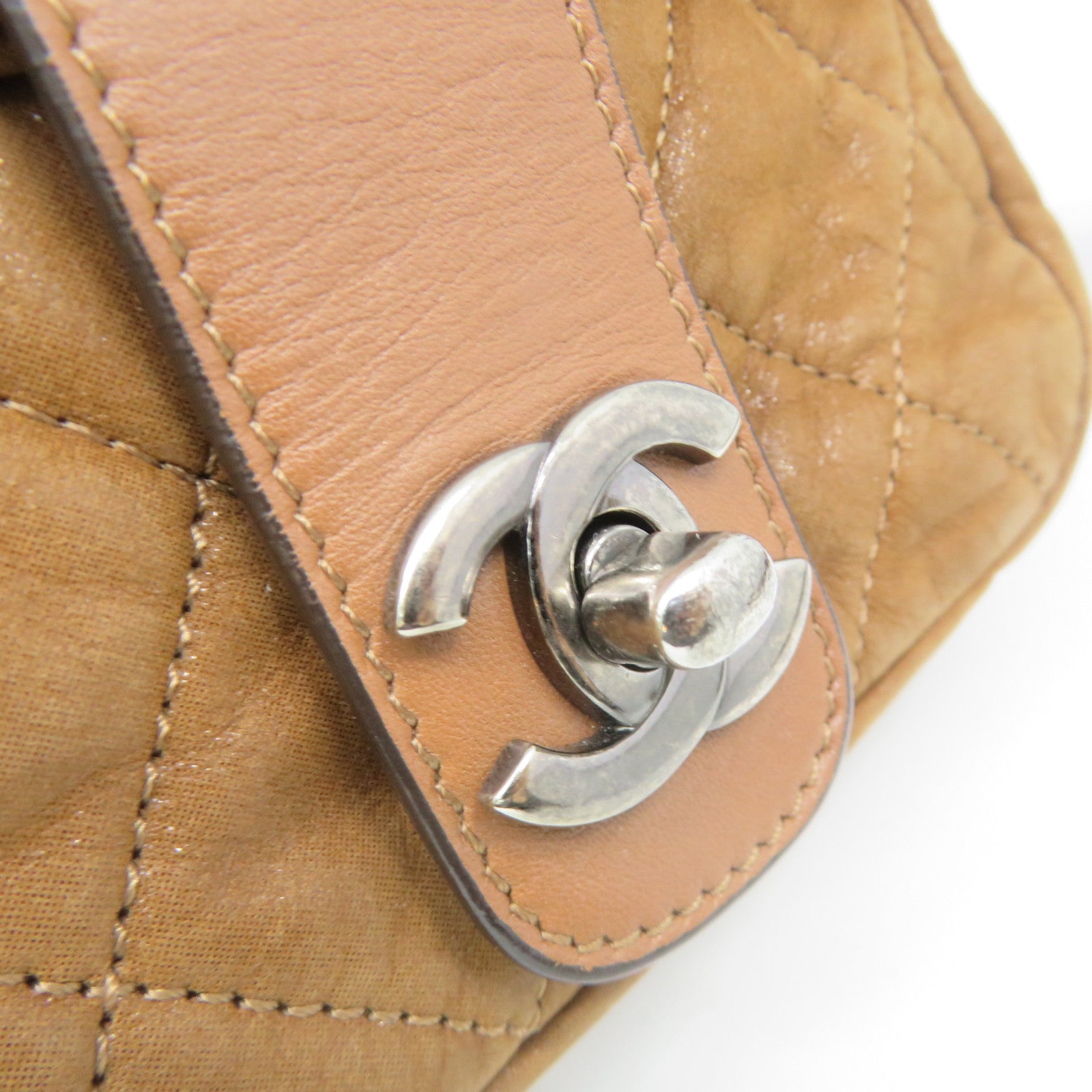 CHANEL rhombic cowhide leather Shoulder Bag silver buckle chain belt handle shoulder bag brown