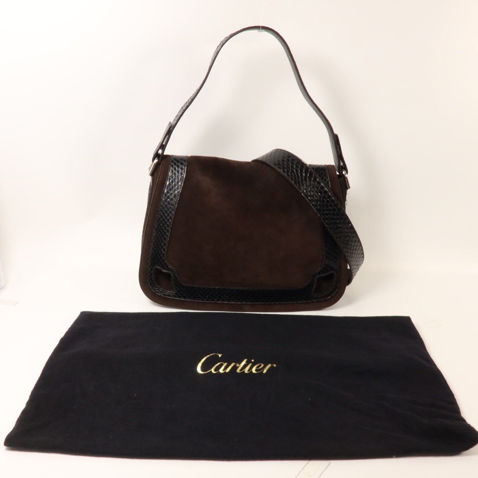 CARTIER 麂皮皮革/蛇皮皮革Marcello Saddle Bag手挽肩背兩用袋