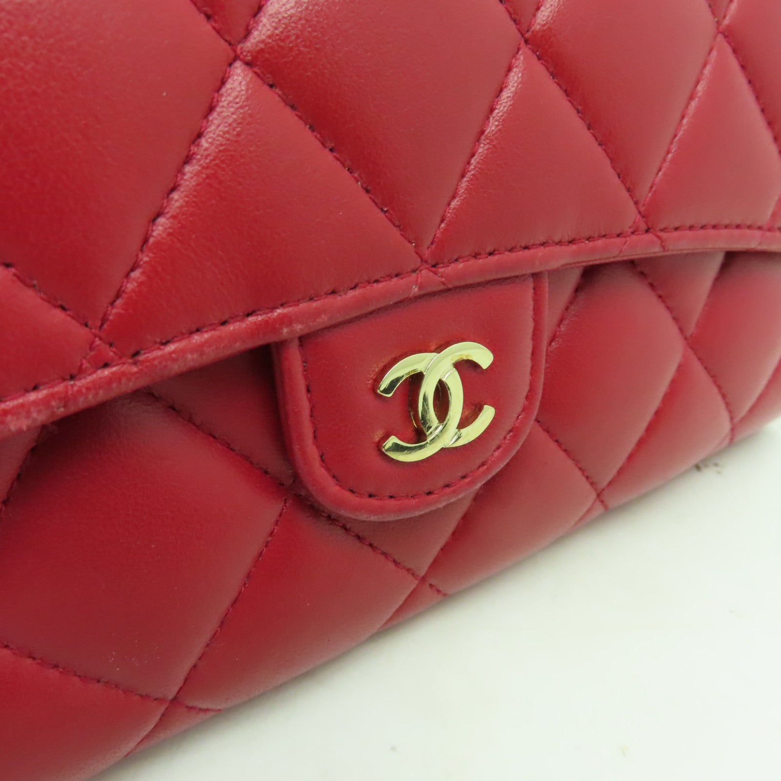 CHANEL 菱格羊皮皮革Long Wallet金扣長錢包紅色