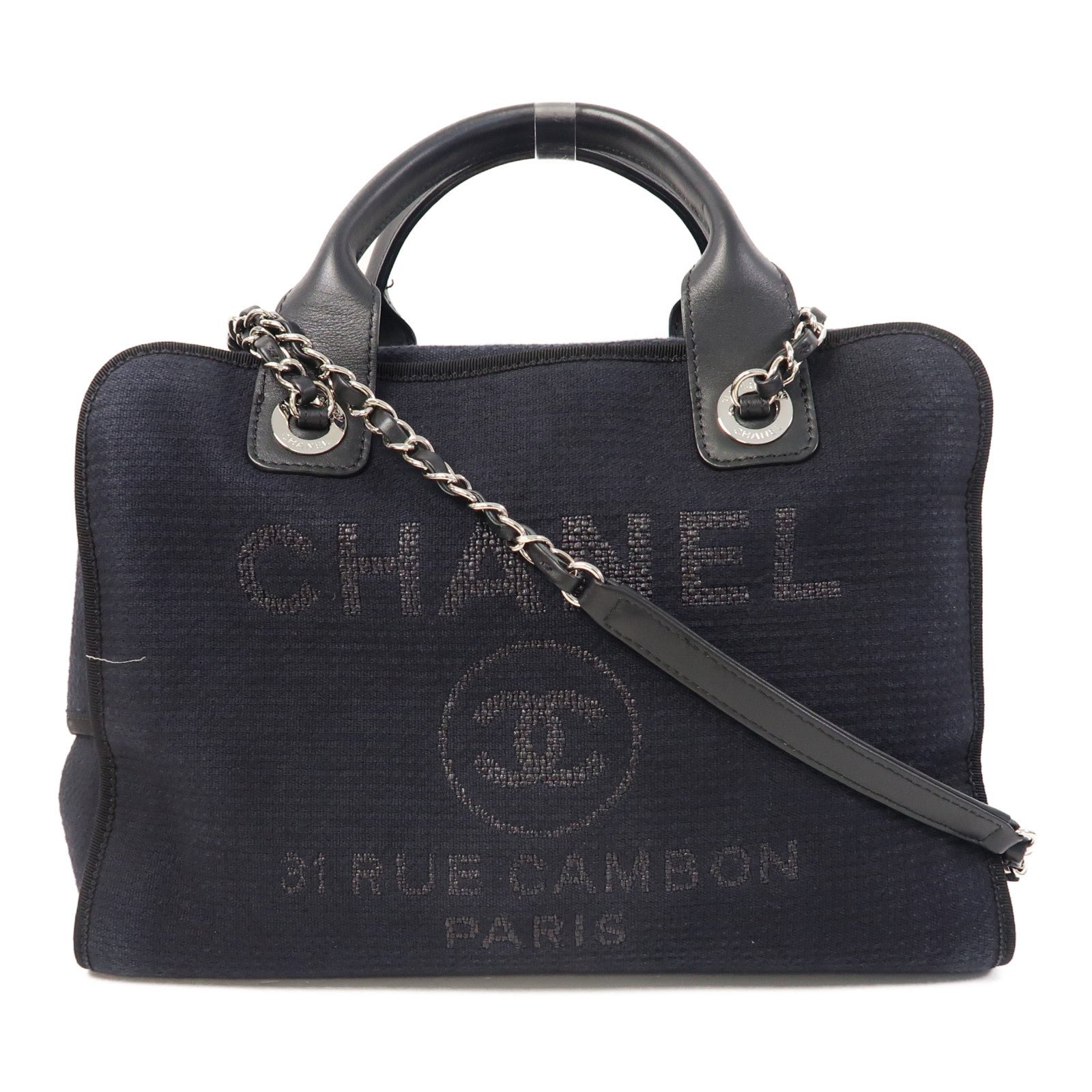 CHANEL 帆布Deauville Bowling Bag銀扣鏈帶手挽肩背兩用袋黑色