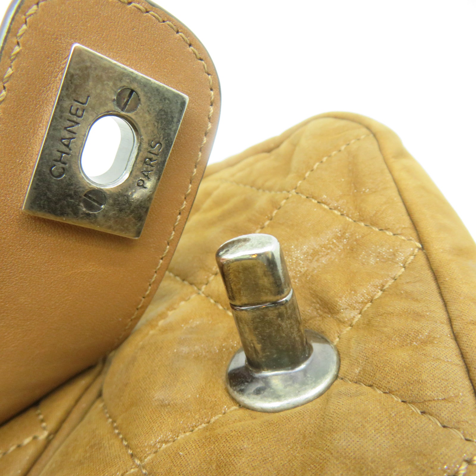 CHANEL rhombic cowhide leather Shoulder Bag silver buckle chain belt handle shoulder bag brown