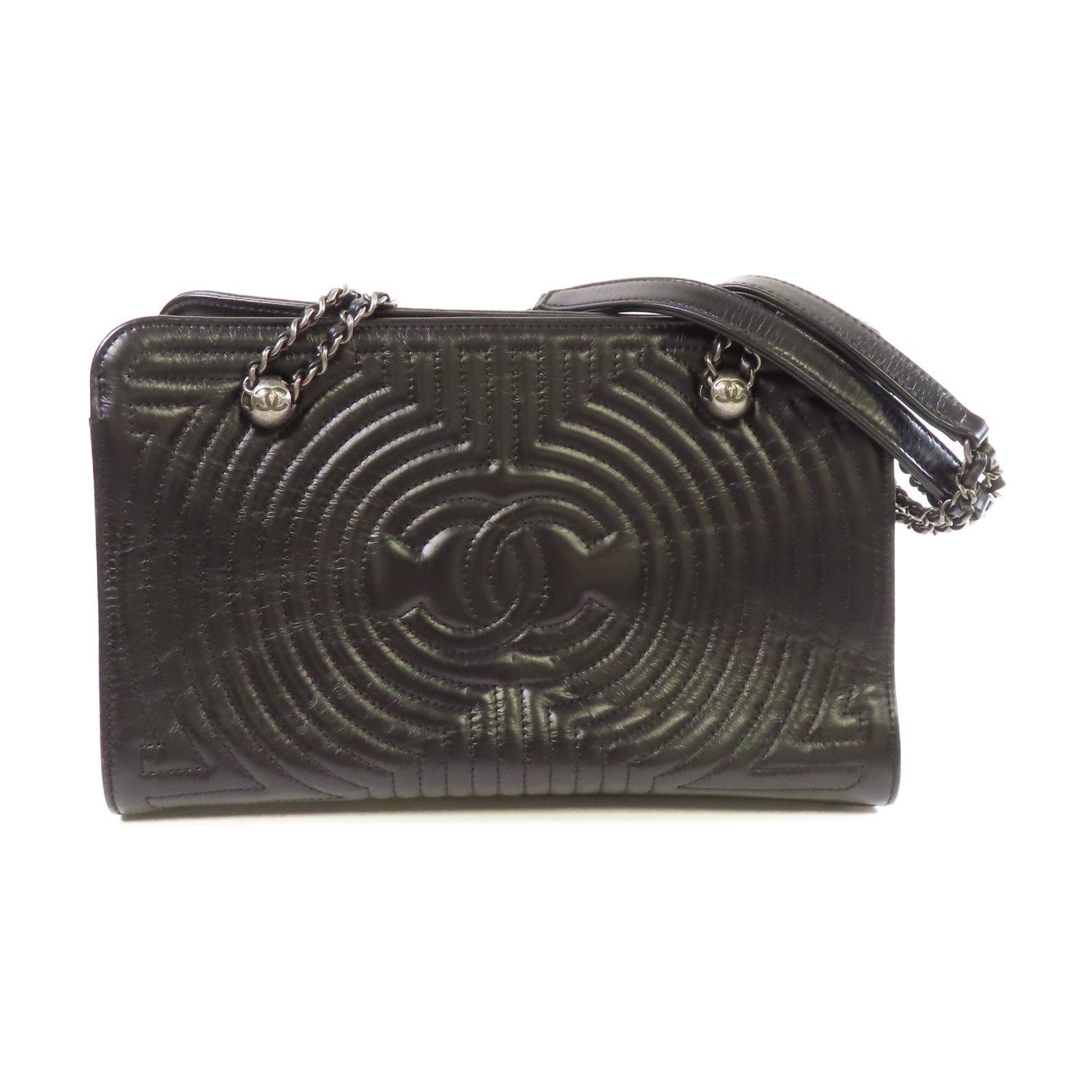 CHANEL 牛皮皮革Chain Tote Bag銀扣鏈帶肩背袋黑色