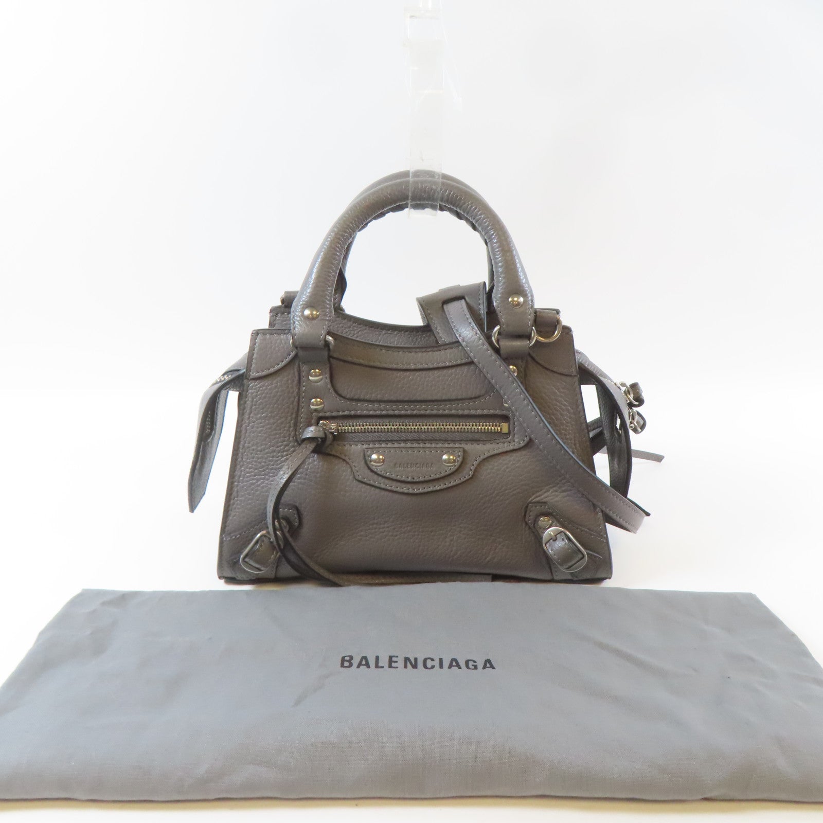 BALENCIAGA 【激減優惠】牛皮皮革Mini Neo Classic 2 Way Shoulder Bag銀扣手挽肩背兩用袋灰色