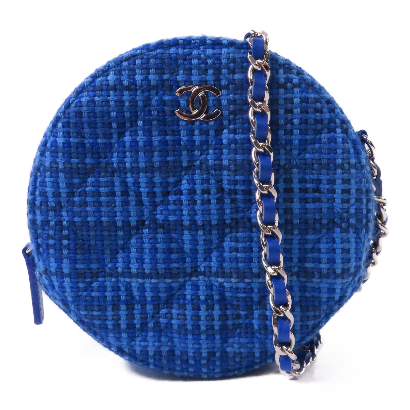 CHANEL 軟呢Round Clutch With Chain銀扣鏈帶肩背袋藍色