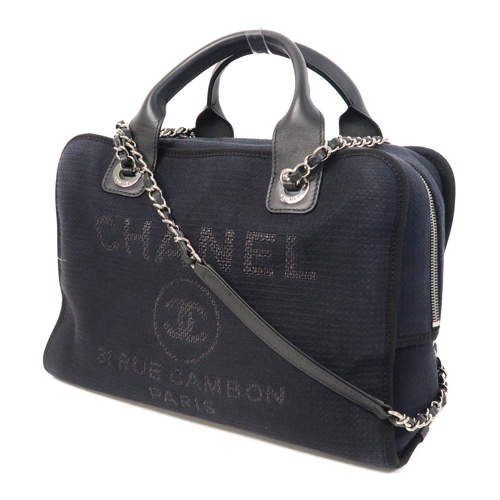 CHANEL 帆布Deauville Bowling Bag銀扣鏈帶手挽肩背兩用袋黑色