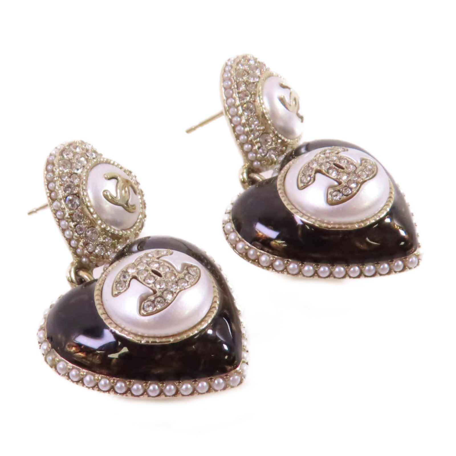CHANEL 金屬/仿珍珠/水鑽CC Heart Earrings金扣耳環/白色/黑色/金色