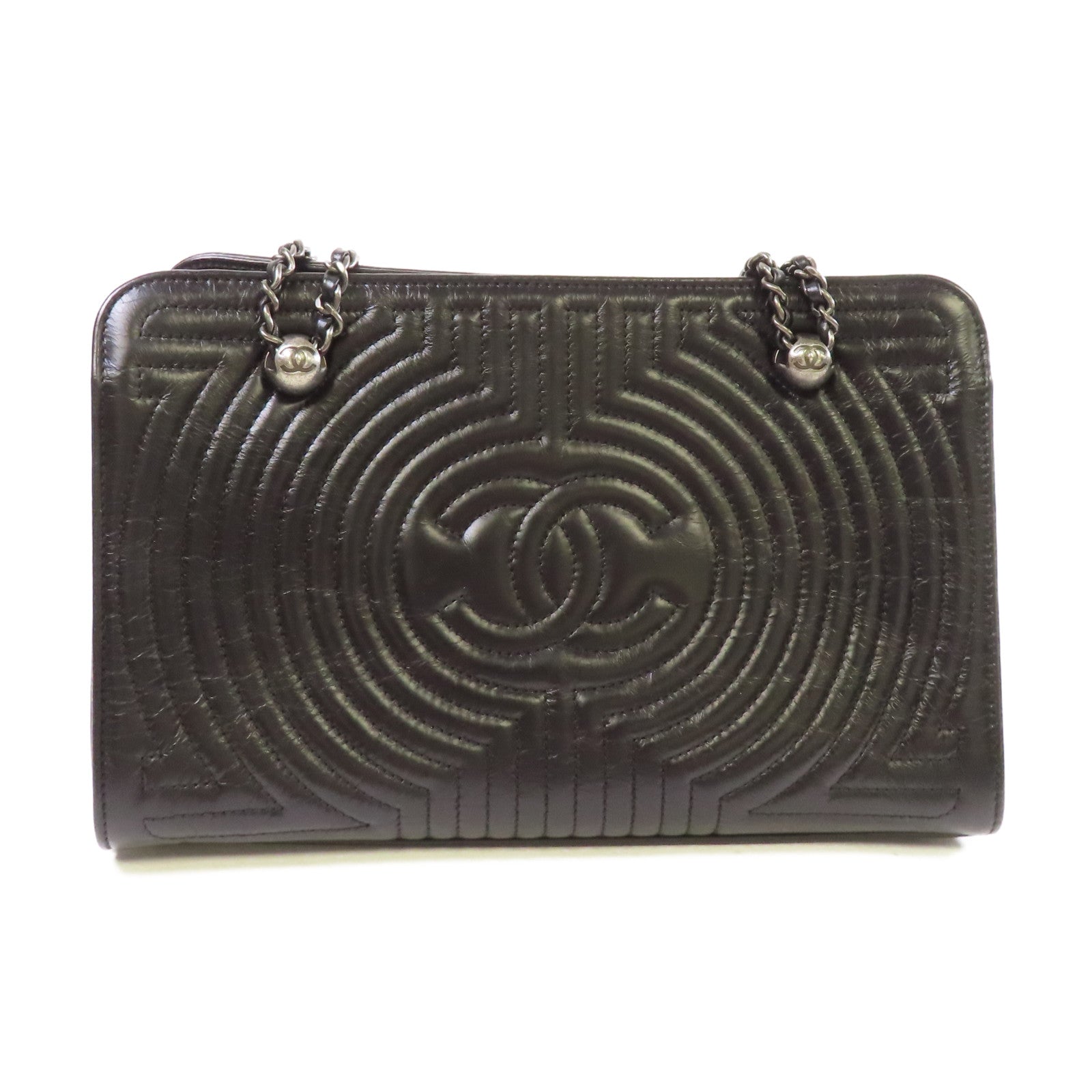 CHANEL 牛皮皮革Chain Tote Bag銀扣鏈帶肩背袋黑色
