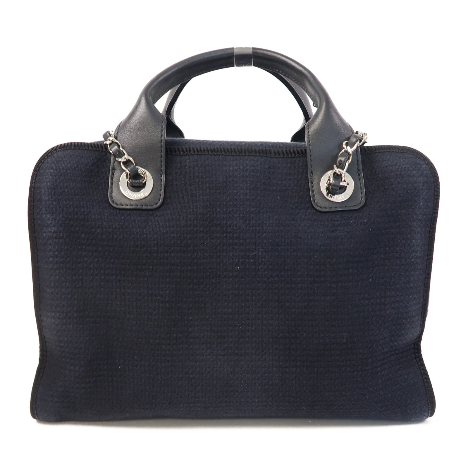 CHANEL 帆布Deauville Bowling Bag銀扣鏈帶手挽肩背兩用袋黑色