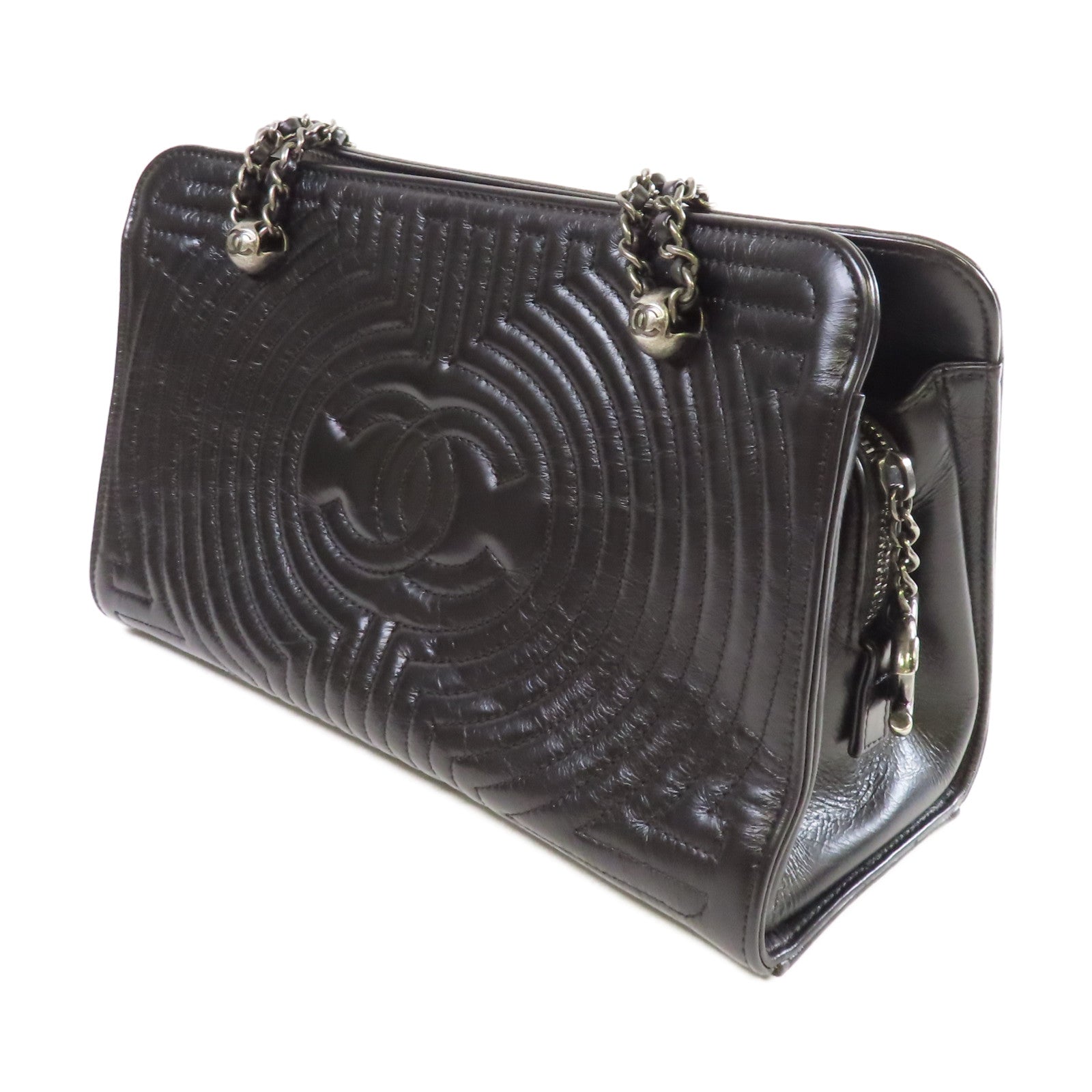 CHANEL 牛皮皮革Chain Tote Bag銀扣鏈帶肩背袋黑色