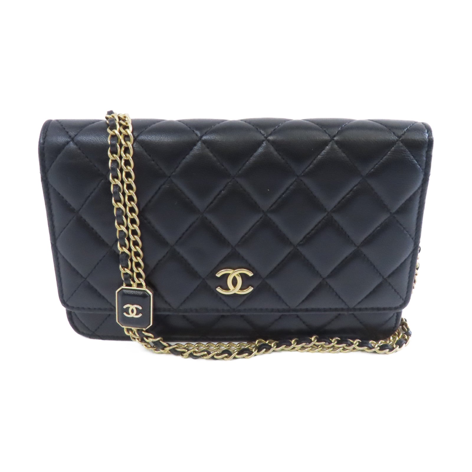 CHANEL 菱格羊皮皮革Wallet On Chain金扣鏈帶肩背袋黑色
