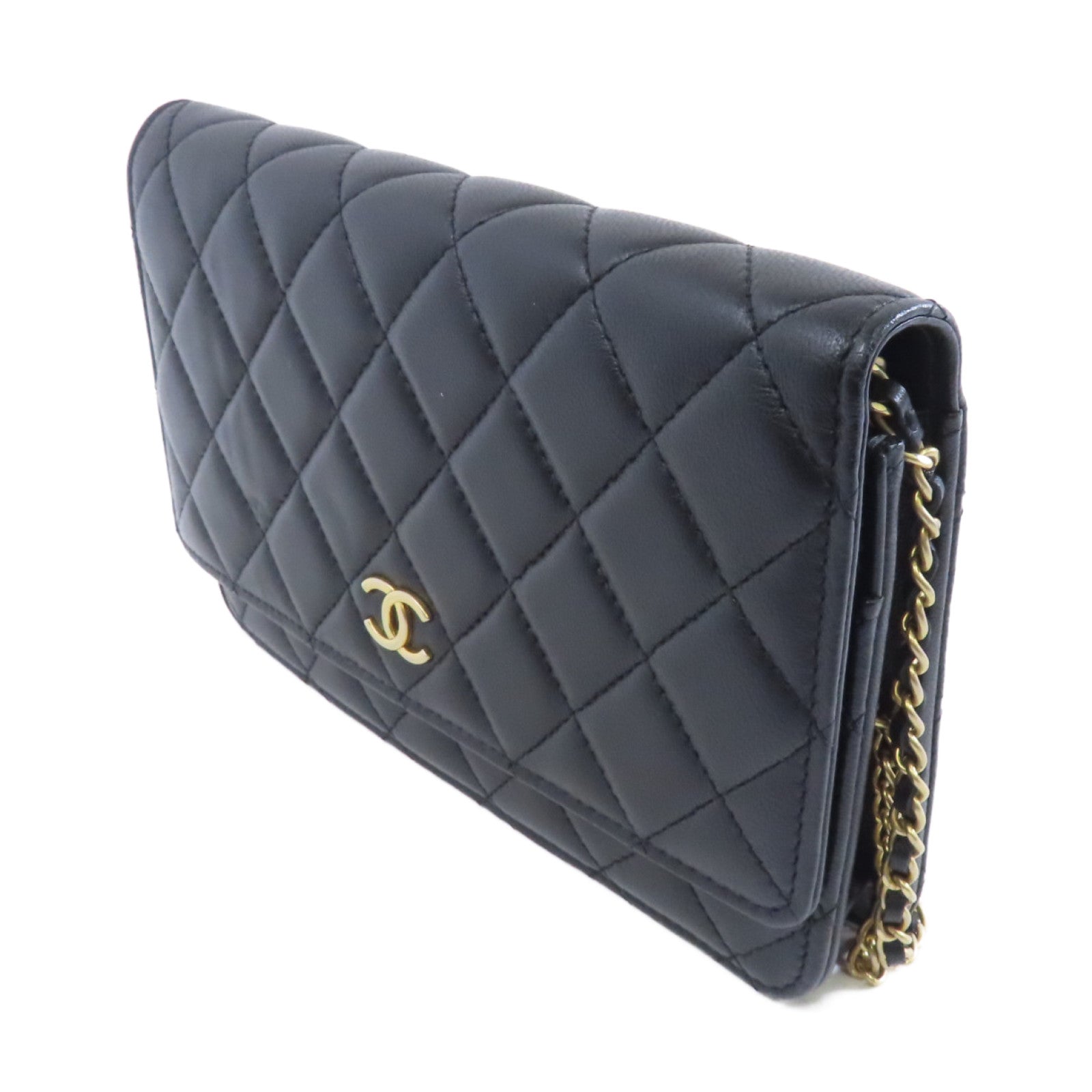 CHANEL 菱格羊皮皮革Wallet On Chain金扣鏈帶肩背袋黑色