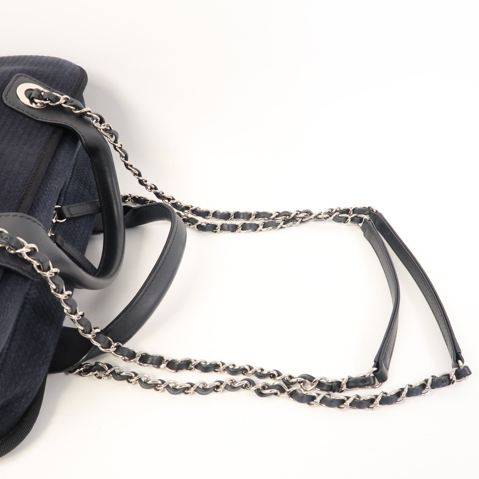 CHANEL 帆布Deauville Bowling Bag銀扣鏈帶手挽肩背兩用袋黑色