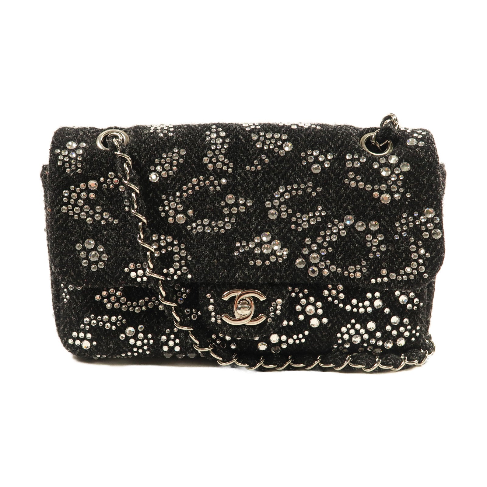 CHANEL 帆布Shoulder Bag銀扣鏈帶肩背袋黑色