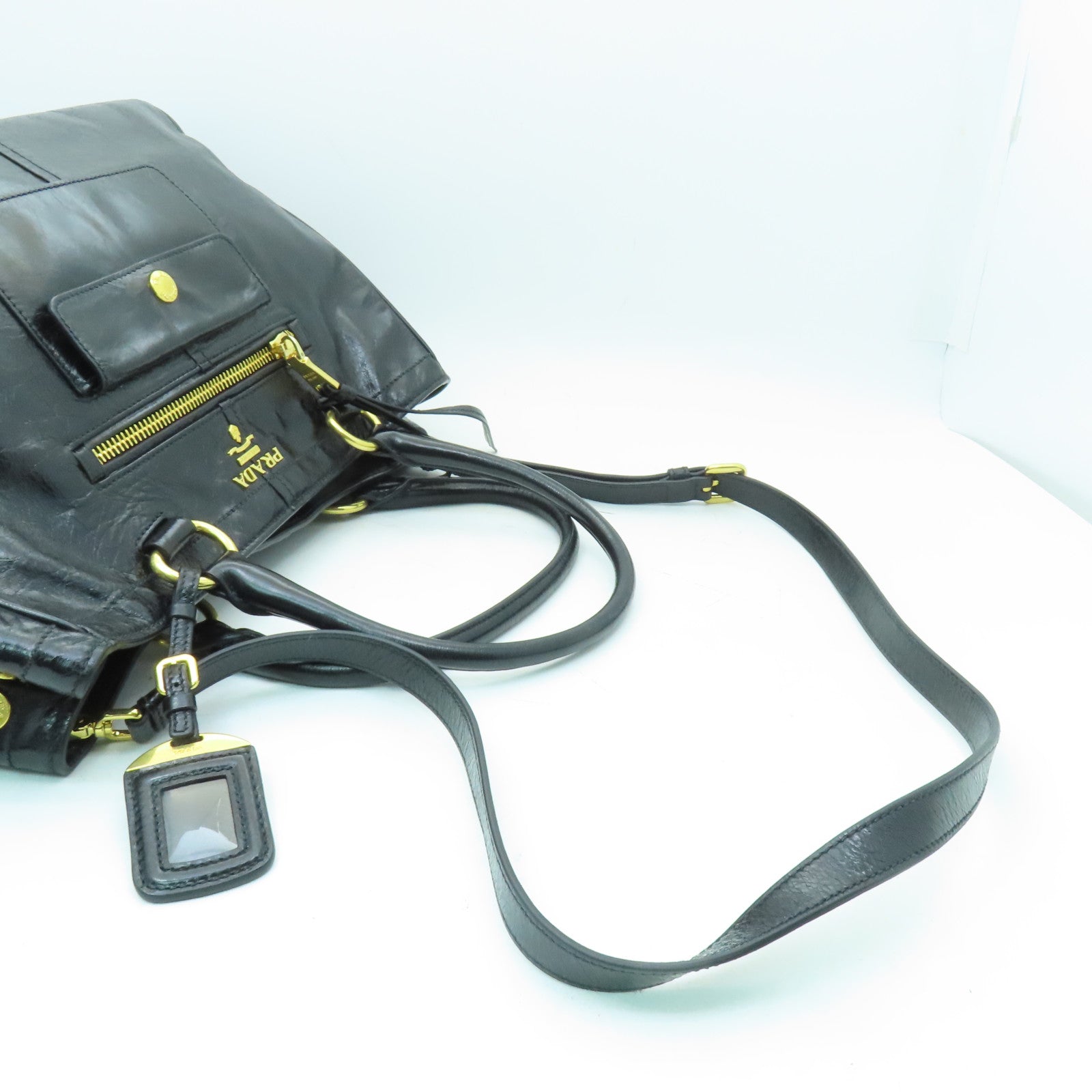 PRADA 【激減優惠】牛皮皮革2way Shoulder Bag金扣手挽肩背兩用袋黒色