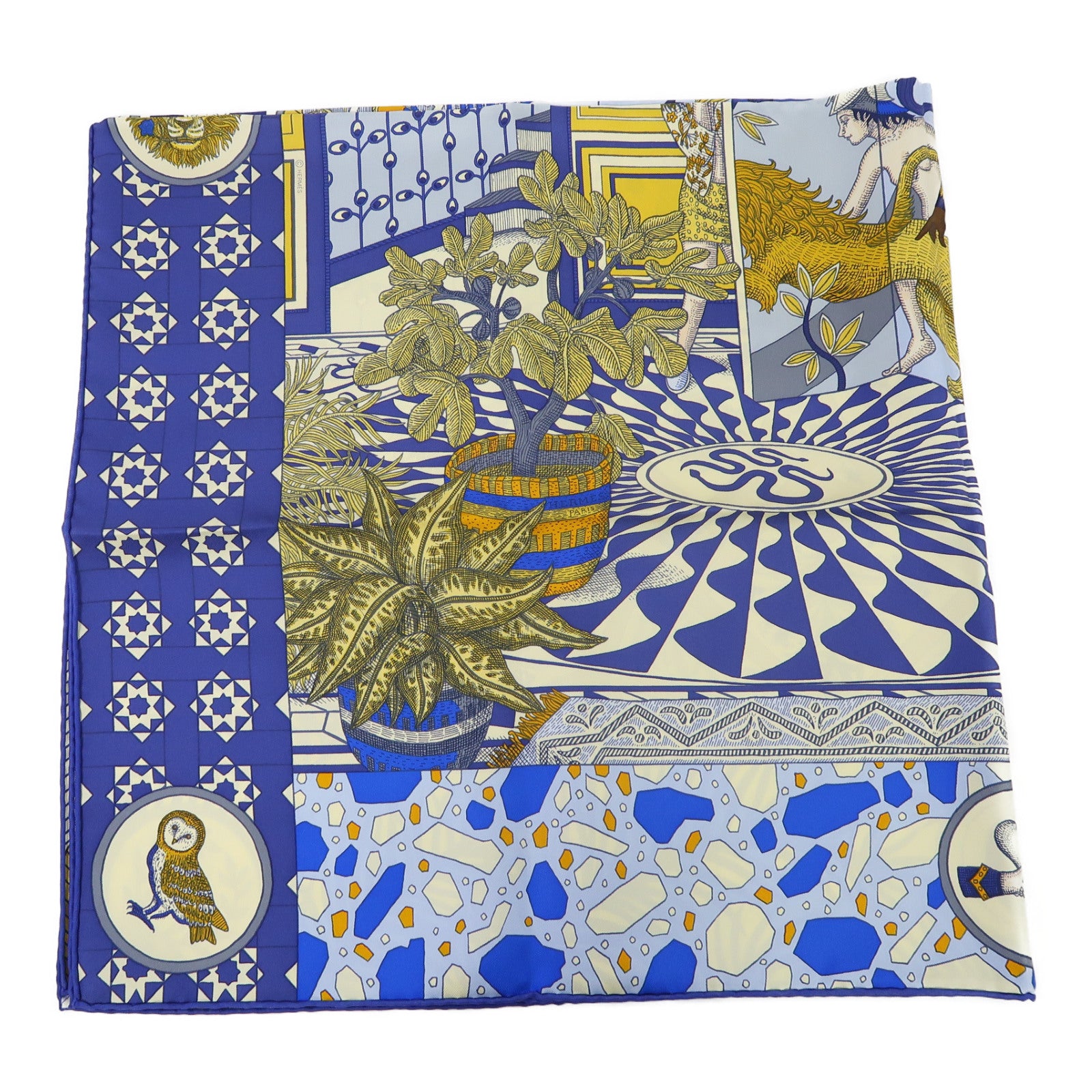 HERMES 絲質Scarf圍巾藍色/米色