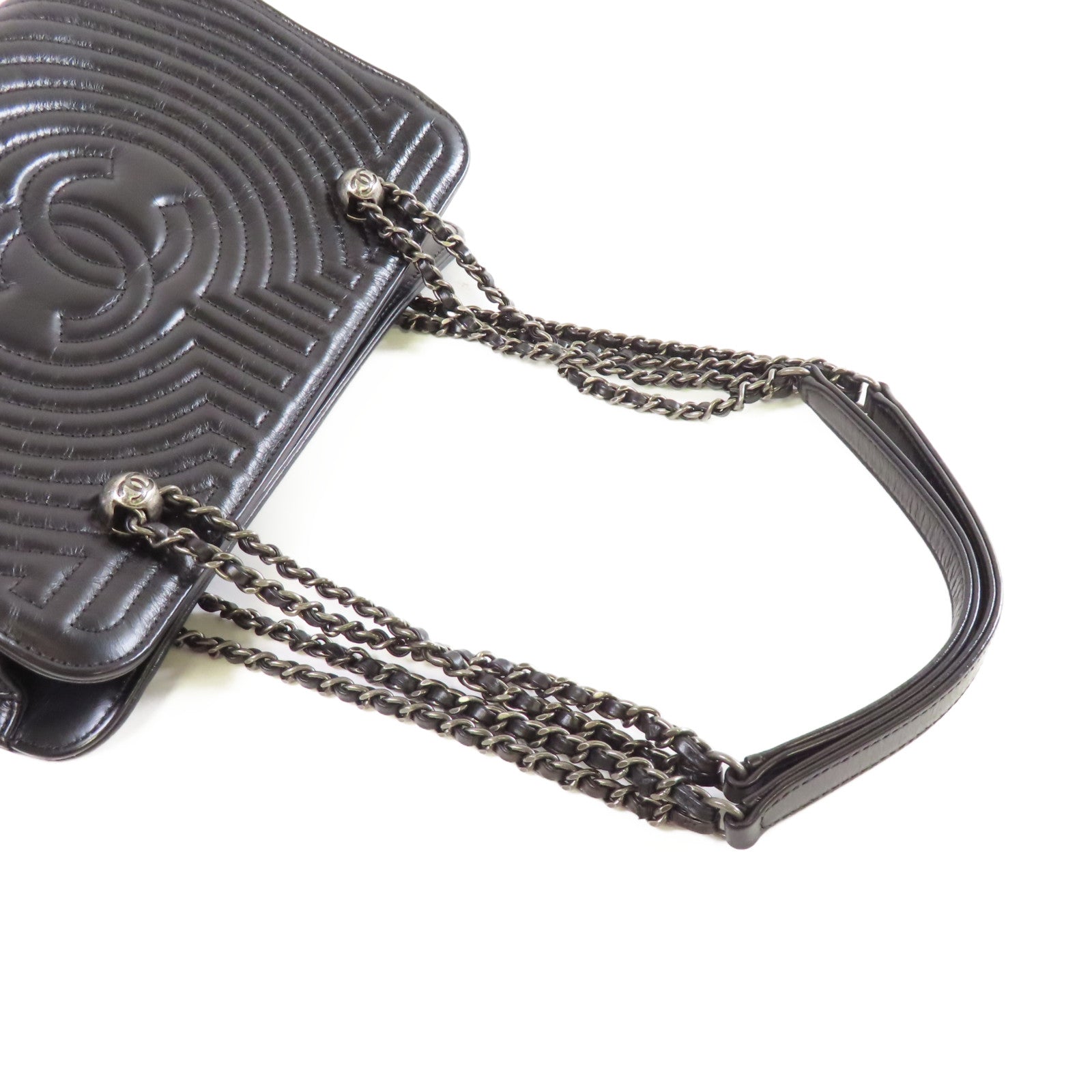 CHANEL 牛皮皮革Chain Tote Bag銀扣鏈帶肩背袋黑色