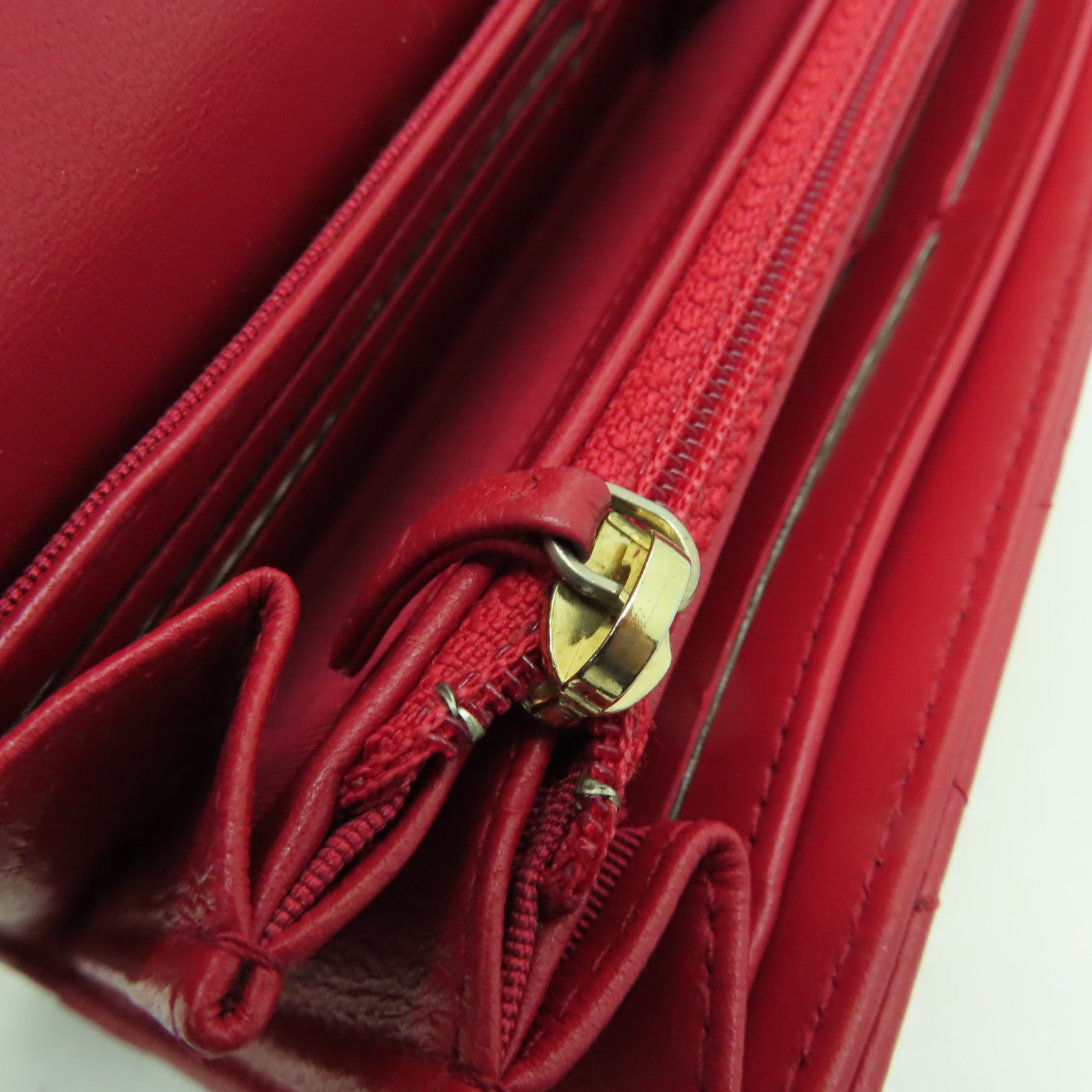 CHANEL 菱格羊皮皮革Long Wallet金扣長錢包紅色