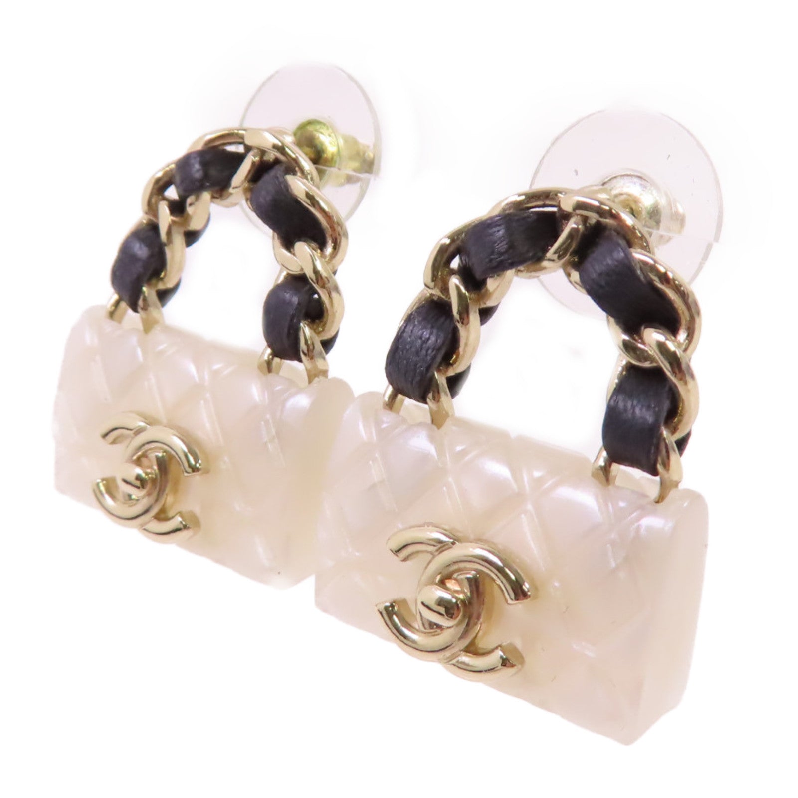 CHANEL 金屬/PVC/皮革Earrings金扣耳環/白色/黑色/金色