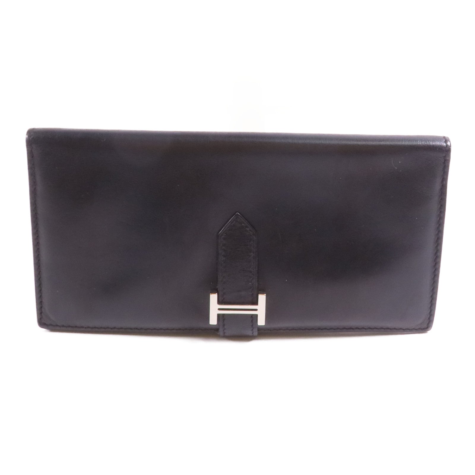 HERMES Box Calf皮革Bearn Bi Fold銀扣長錢包Noir